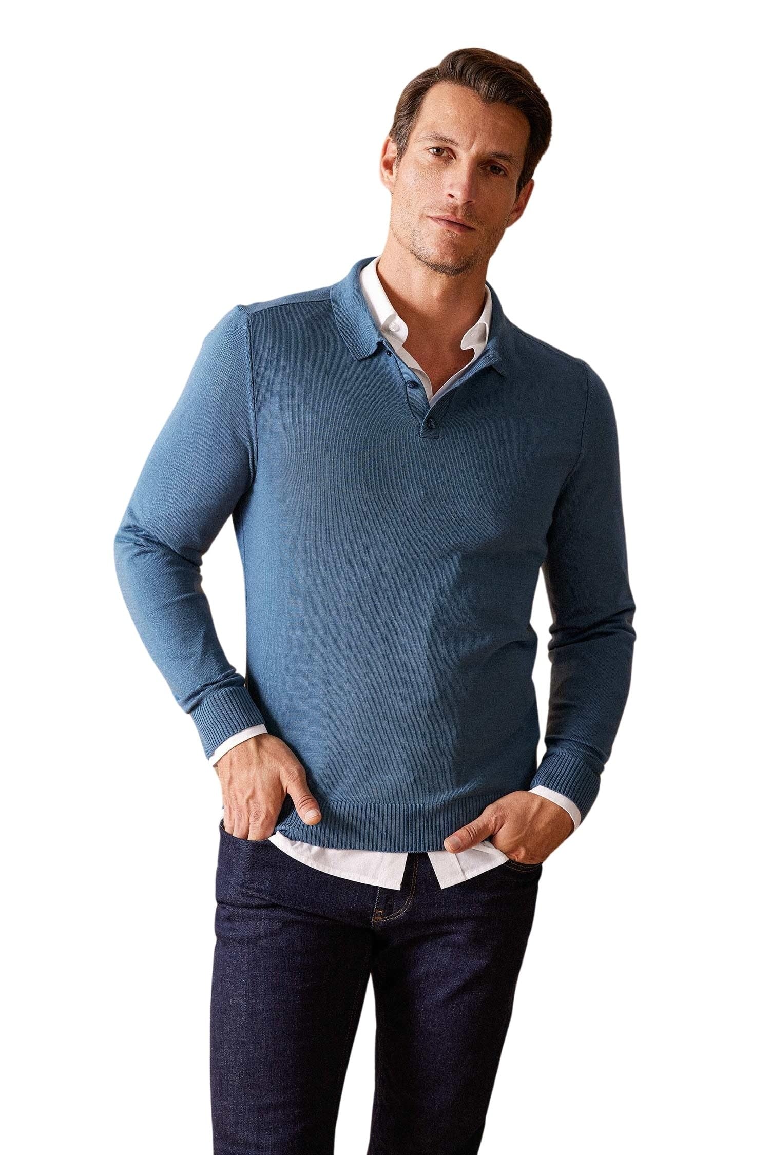 Siyah Slim Fit Dar Kesim Polo Yaka Basic Düz Triko Kazak