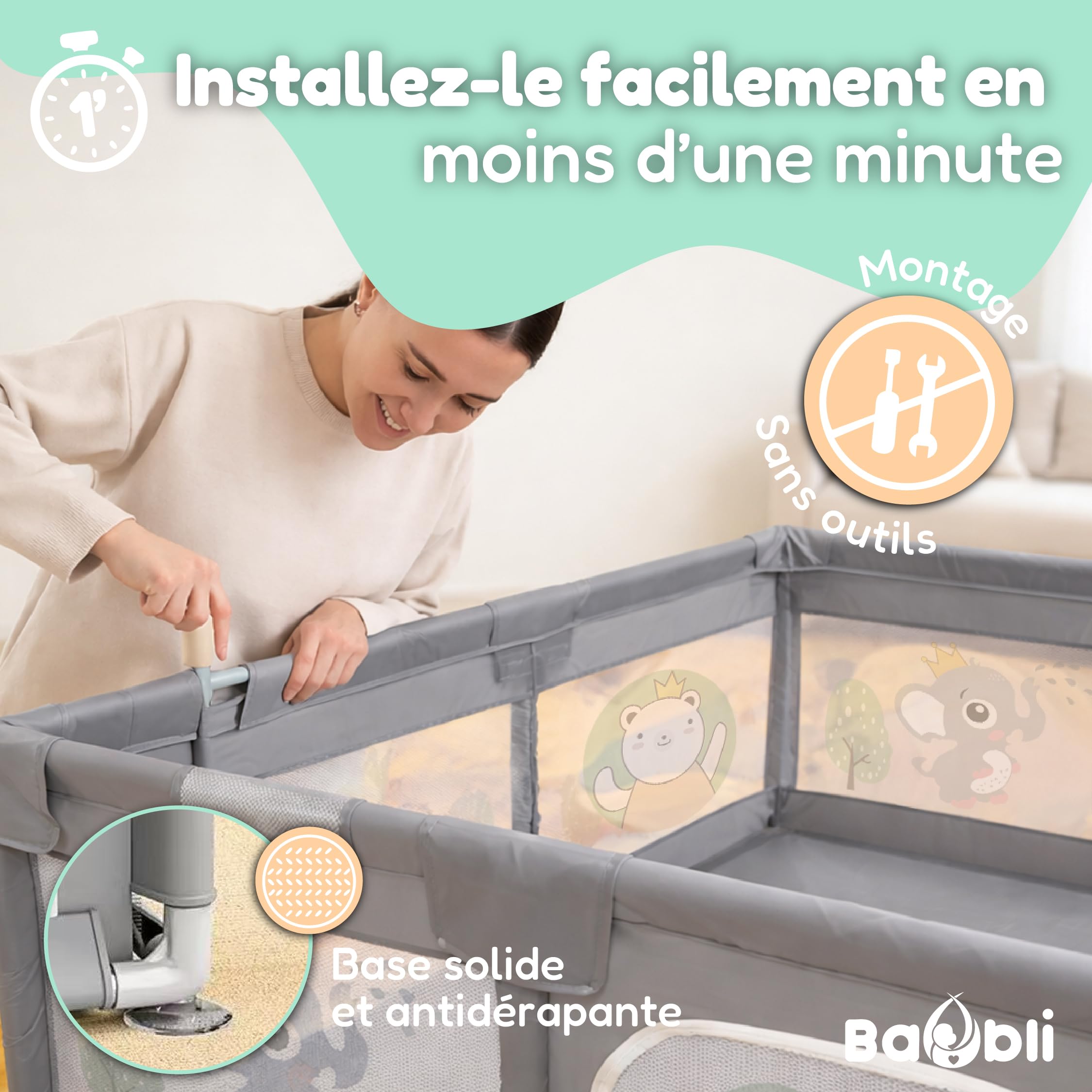 Parc pour bébé 180 x 200 cm + tapis + 60 balles + poignées + sacs de transport – Parc de jeux pour bébé avec maille respirante – Playpen Bebe