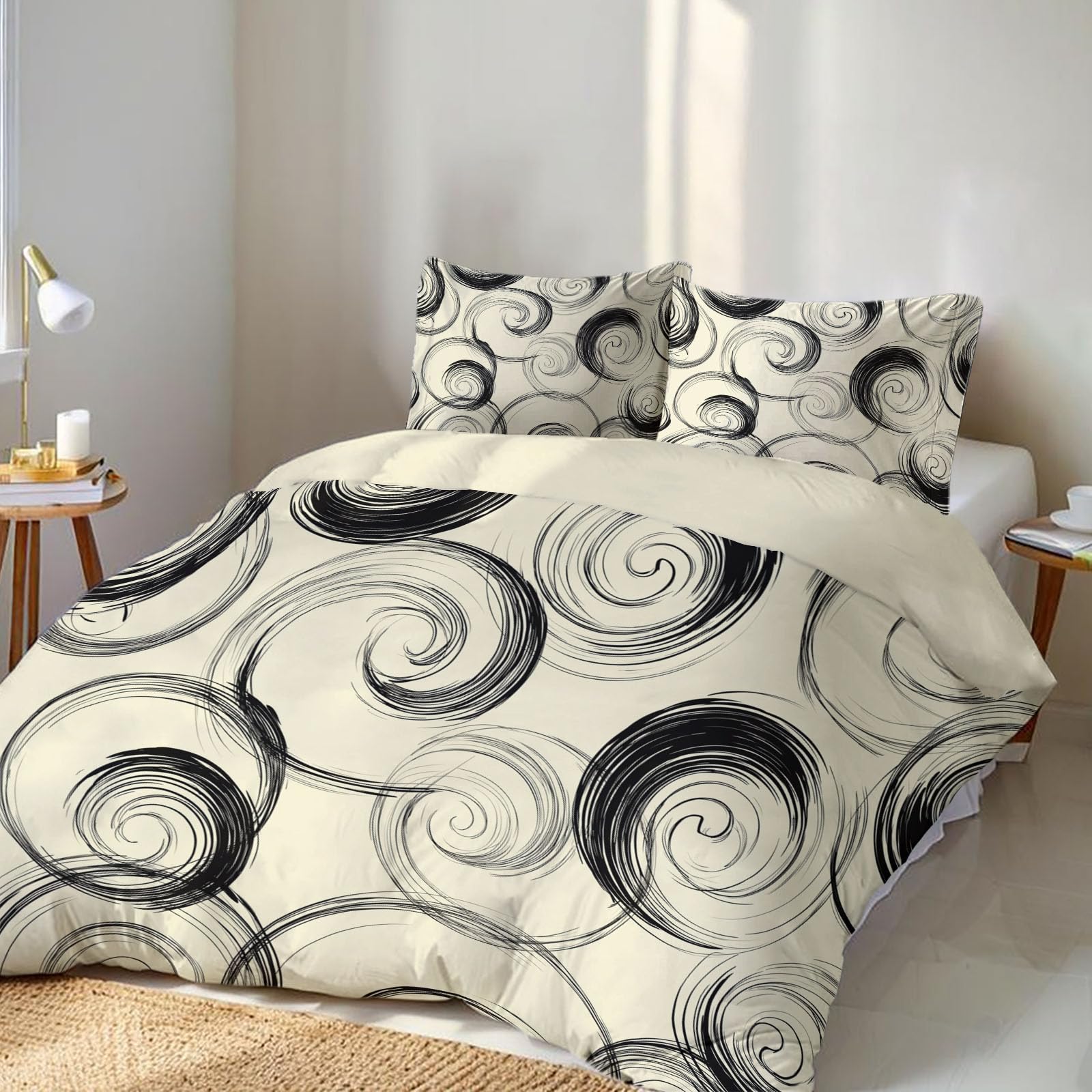 MULERN Juego de Funda Nórdica 3 Piezas Cama 90, Tinta Microfibra Extra Suave Transpirable, Abstracto Espiral 1 Funda Edredón 150x220cm y 2 Fundas Almohada 50x75 cm, Crema