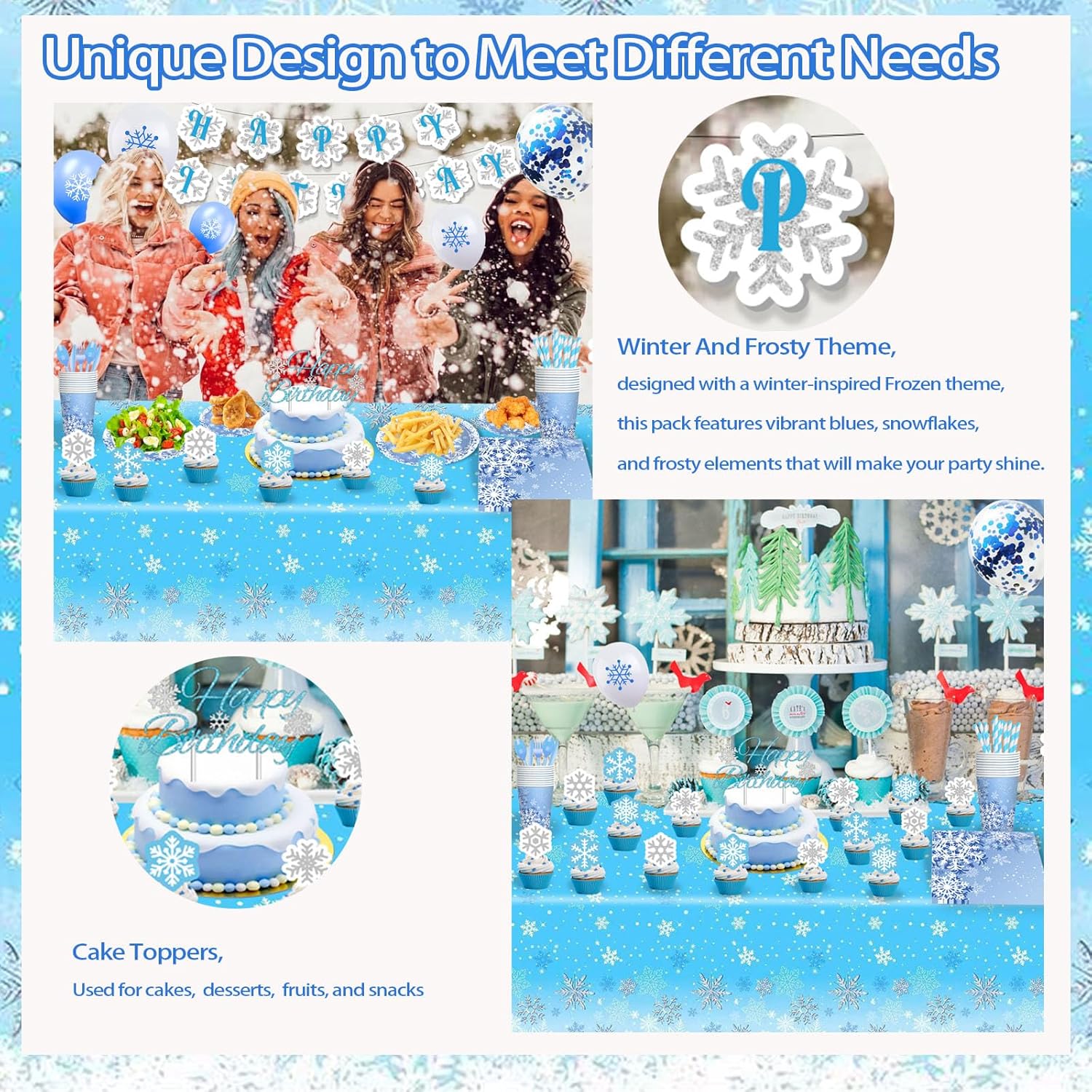 Frozen Birthday Party Supplies Winter Snowflake Party Decorations Include Plates Napkins Cups Forks Knives Spoons, Happy Birthday Banner, Cake Topper, Balloons, Tablecloths - Image 4