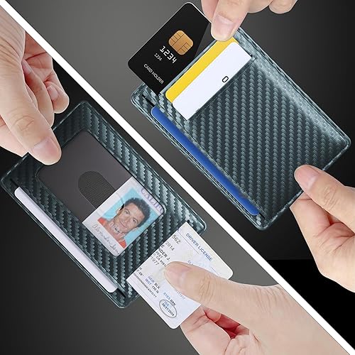 Miniatura 9 de Travelambo Cartera delgada de cuero minimalista con bolsillo frontal, bloqueo RFID, textura de fibra de carbono