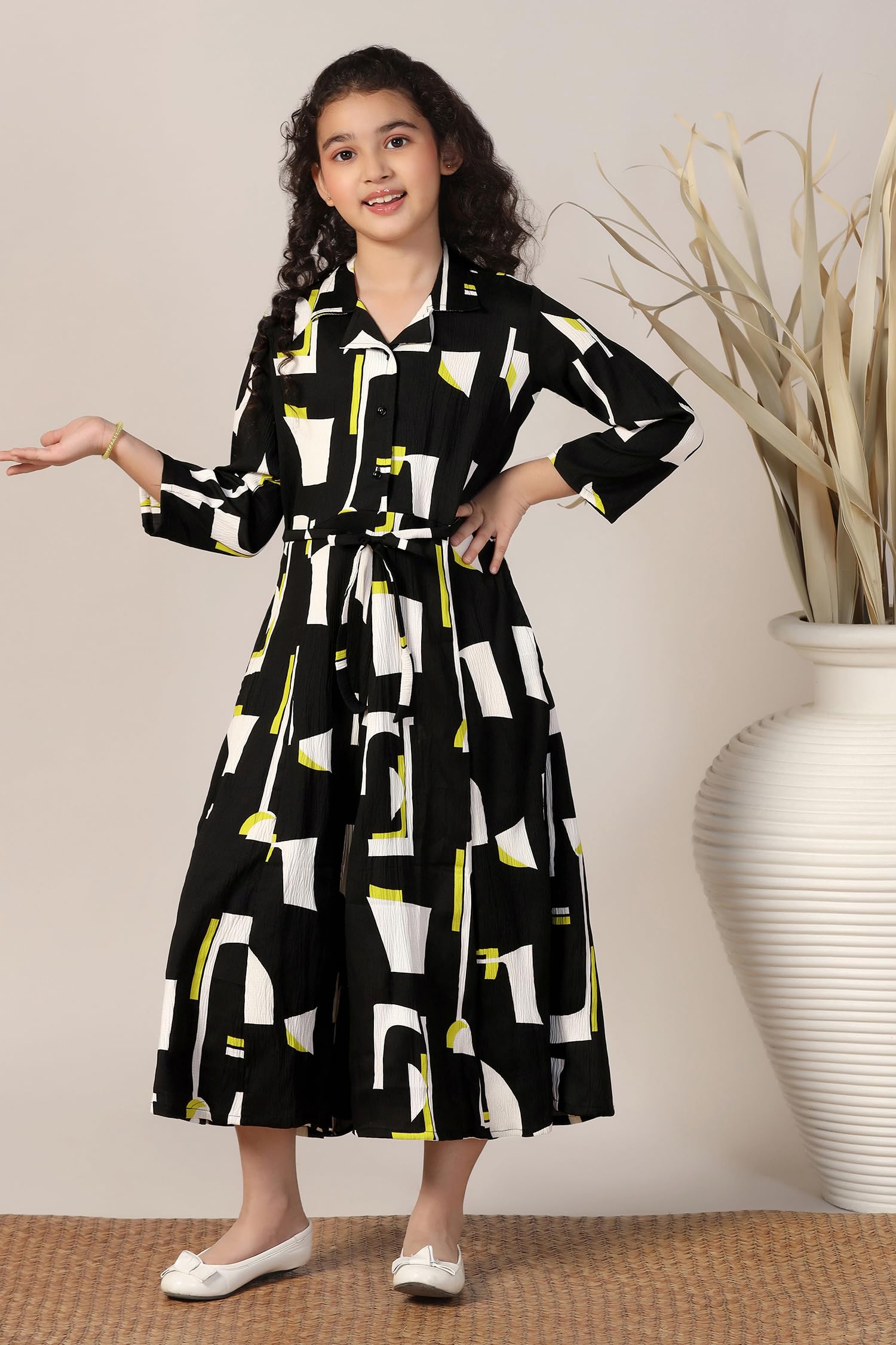 Fashion Dream Girls Calf Length Abstract Printed Dress|Western Midi Dresses (FDGFRK00419 BLK 40_Black_13-14 Years) 3