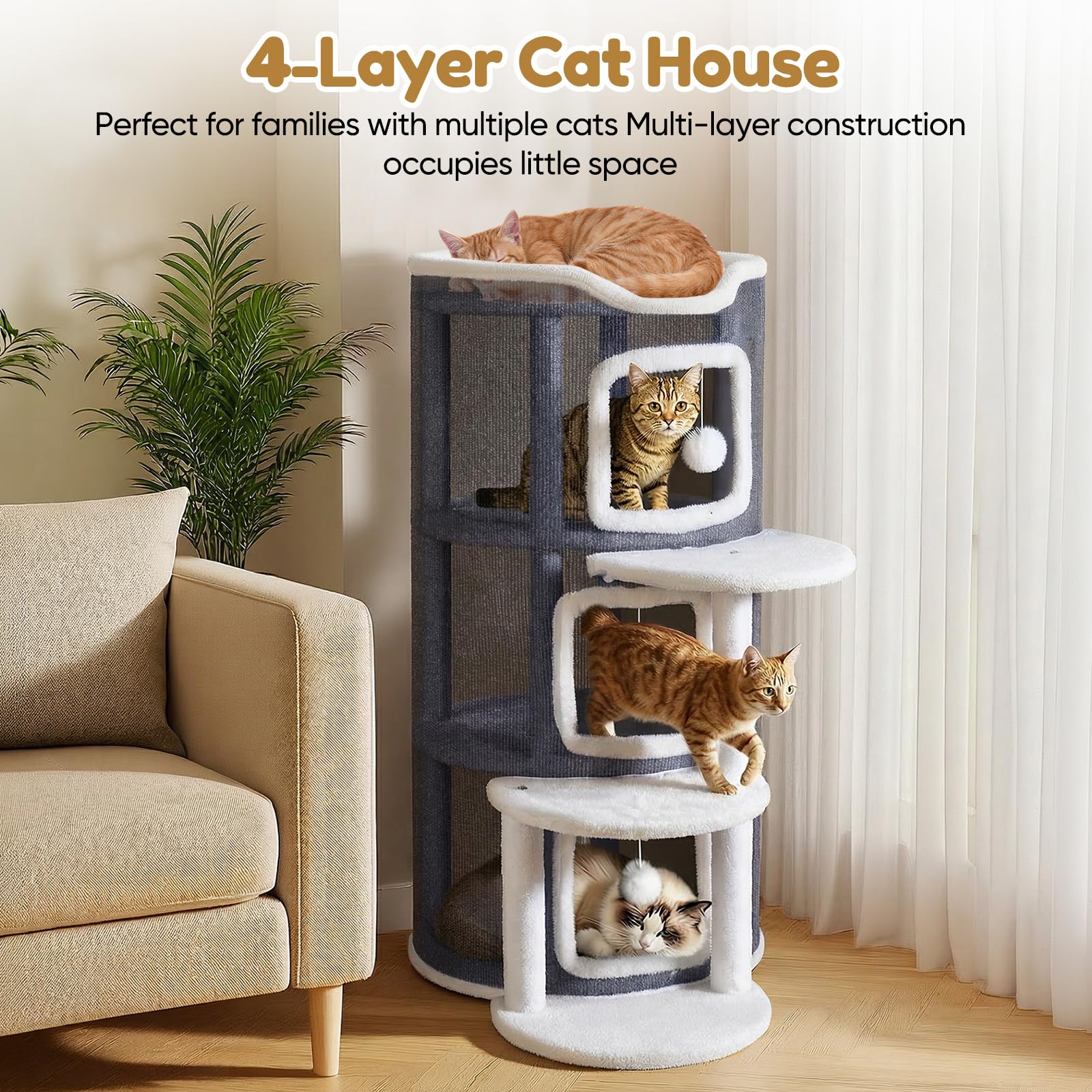 Cueva para Gatos de 4 Niveles, casa para Gatos con Tabla y Plataforma rascadora, 3 Cuevas + Plataforma de observación con 2 Plataformas de transición, Cubo para Gatos con Pelota de Juego, Estable y