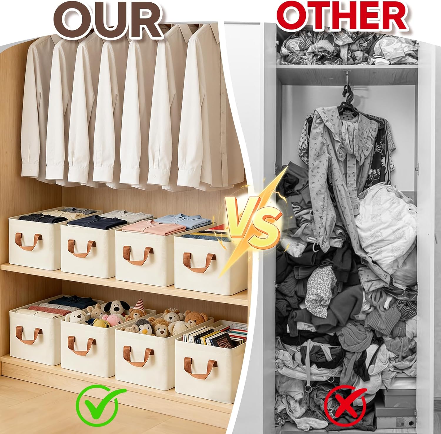 10 Pack Fabric Storage Bins for Shelves, Medium Closet Organizer Baskets with Sturdy Handles, Collapsible Clothes Bins for Closet Organization, Beige 15"x10"x8"