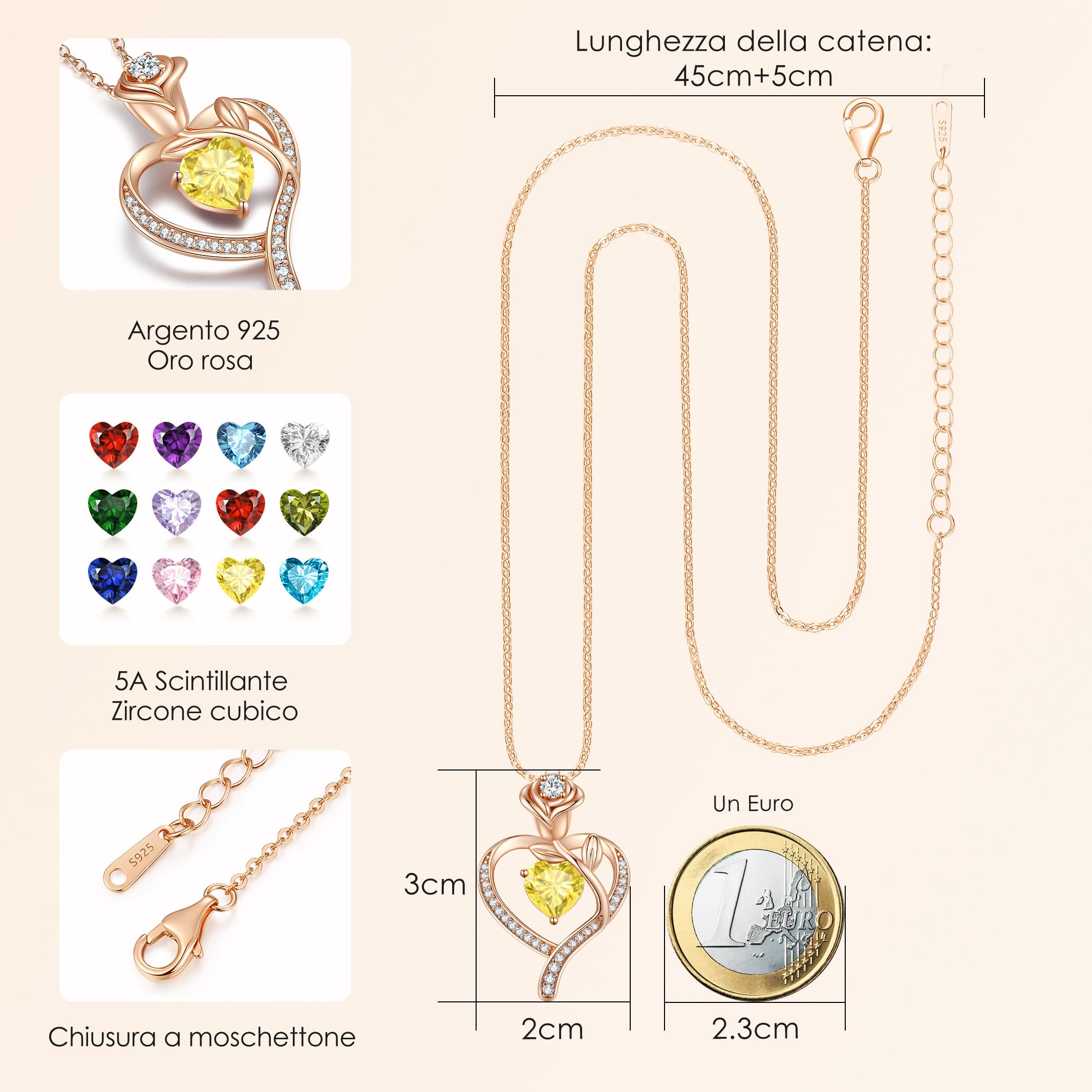 CDE Jewellry Birthstone Collana Donne, 925 Sterling Silver Rose Gold Jewellry Rose Heart Collana Pendente Anniversario Compleanno Regalo di Natale per donne Moglie Mamma Fidanzata Lady Suo