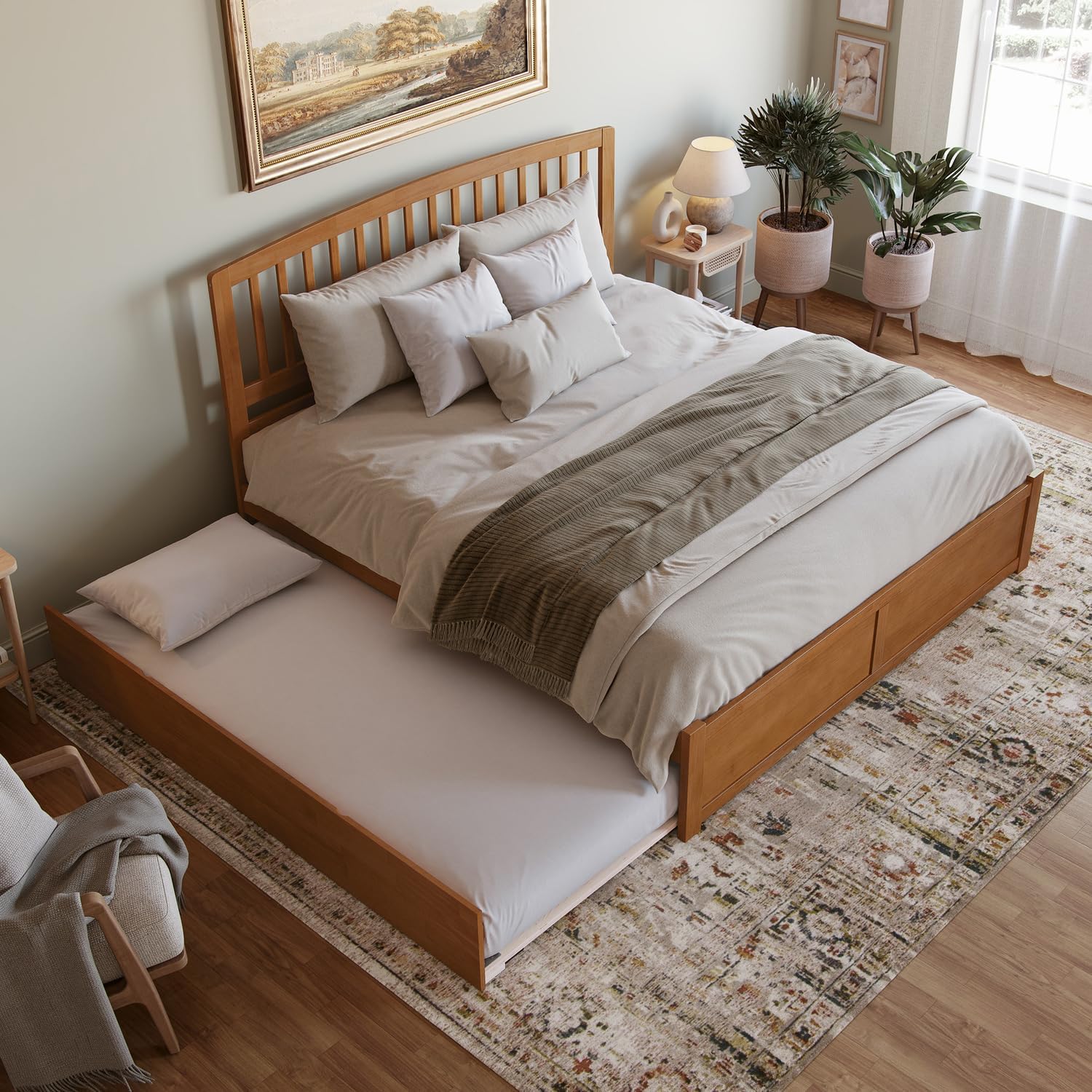 HomeStock Rustic Refinement King Solid Wood Platform Bed with Footboard & Twin XL Trundle in Light Toffee