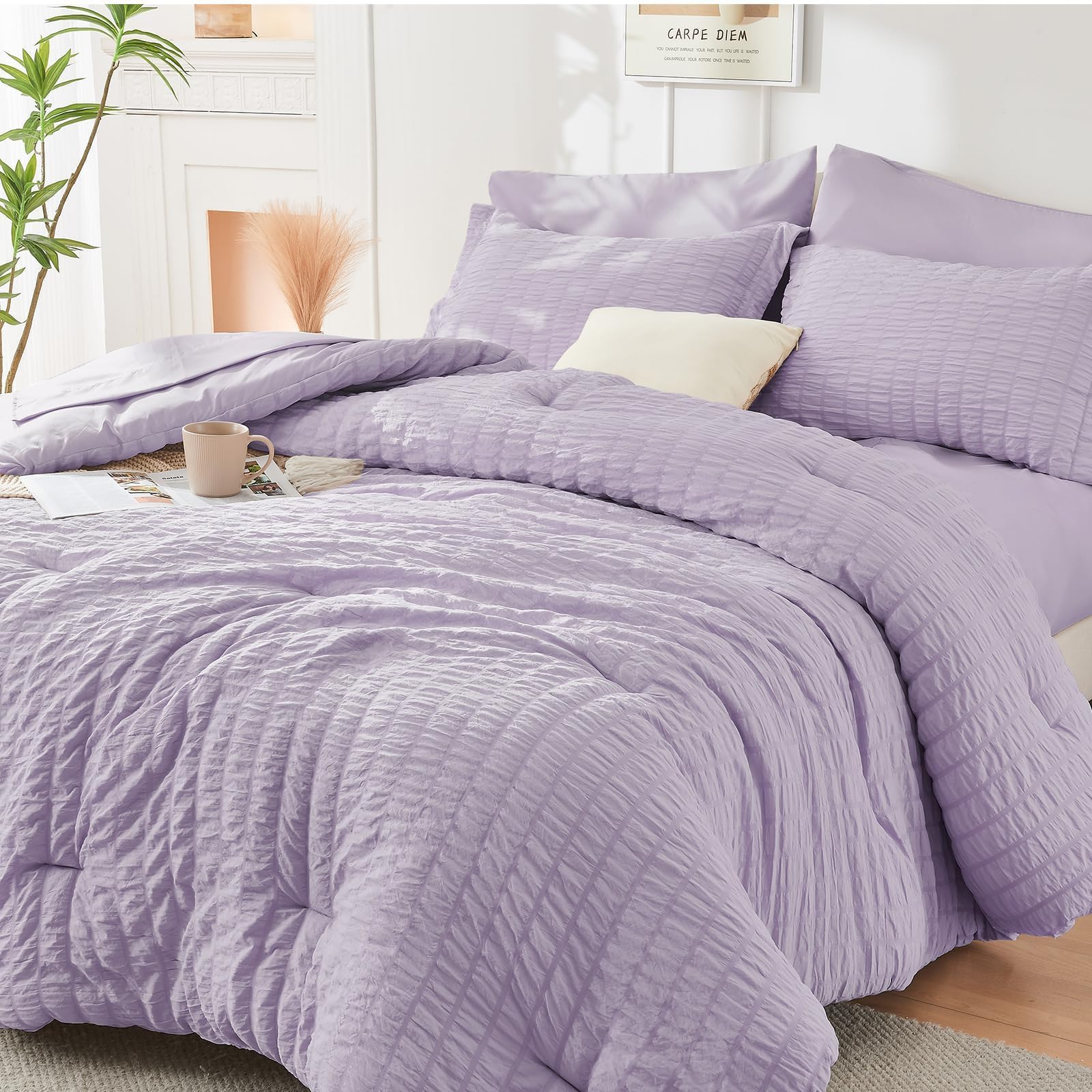 HYMOKEGE Lavender California King Comforter Set Seersucker 7 Pieces, All Season Luxury Bed in a Bag for Bedroom, Bedding Set with Comforters, Sheets, Pillowcases & Shams