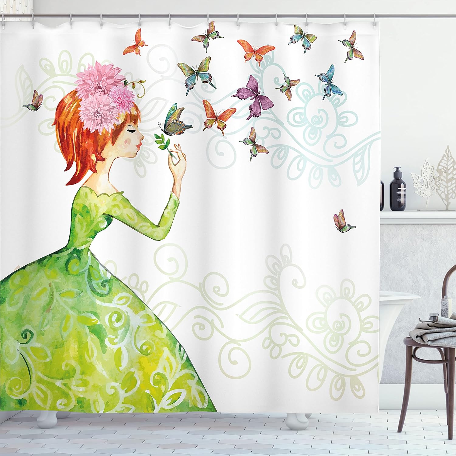 Ambesonne Butterfly Shower Curtain, Floral Lady in Green Dress Leaf Ornaments Flower Pastel Winged Bug, Cloth Fabric Bathroom Decor Set with Hooks, 69" W x 75" L, Pink Orange Green