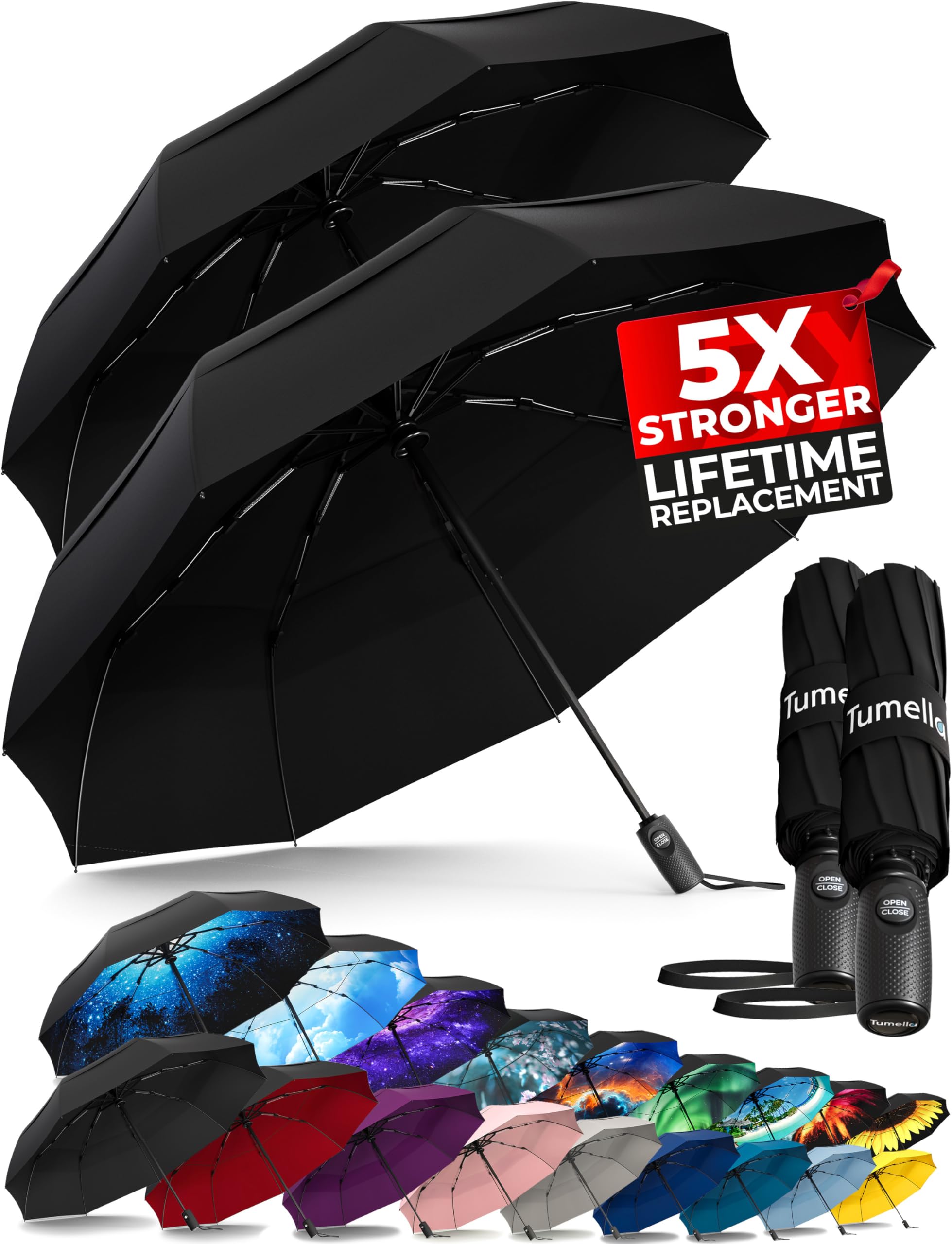 TUMELLA Strongest Windproof Travel Umbrella (Compact, Superior &amp; Beautiful), Small Strong but Light Portable and Automatic Folding Rain Umbrella, Durable Premium Grip, Fits Car and Backpack