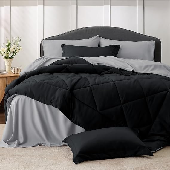 Bedsure Dark Black Queen Comforter Set - 7 Pieces Reversible Queen Bed in a Bag, Bed Set Dark Black and Grey with Comforters, Sheets, Pillowcases & Shams
