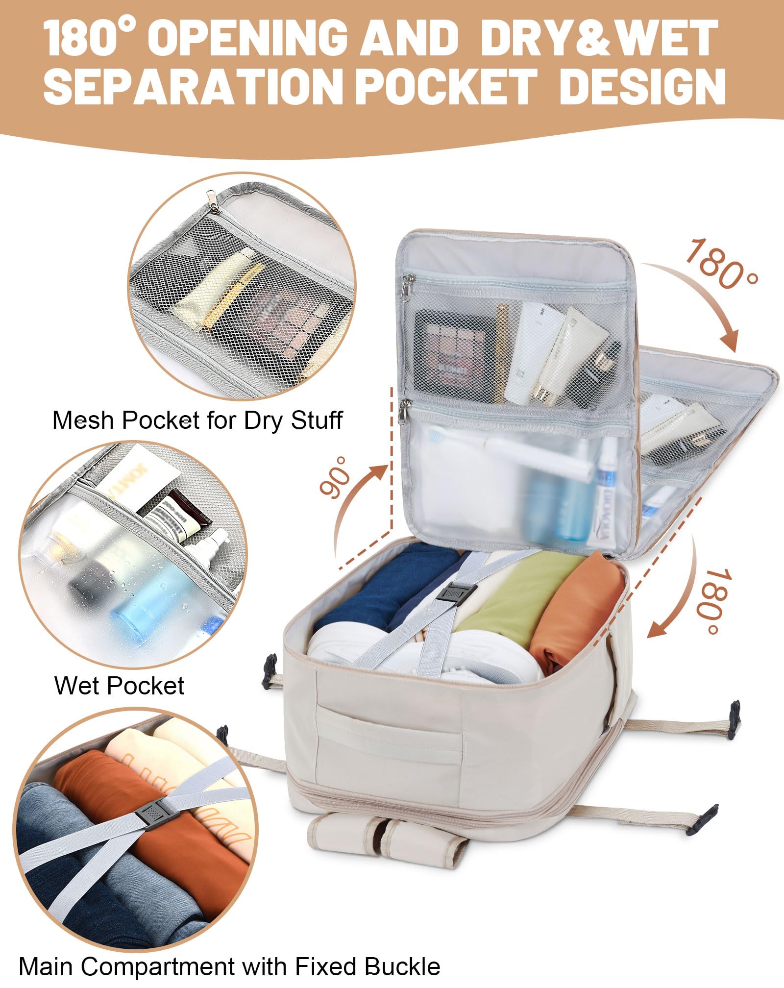 Bagage Cabine 40x30x20cm Extensible, Sac à Dos de Voyage, Sac Cabine Avion 24L-30L pour Vueling/Transavia, avec Compartiment PC 15.6" - Beige Crème