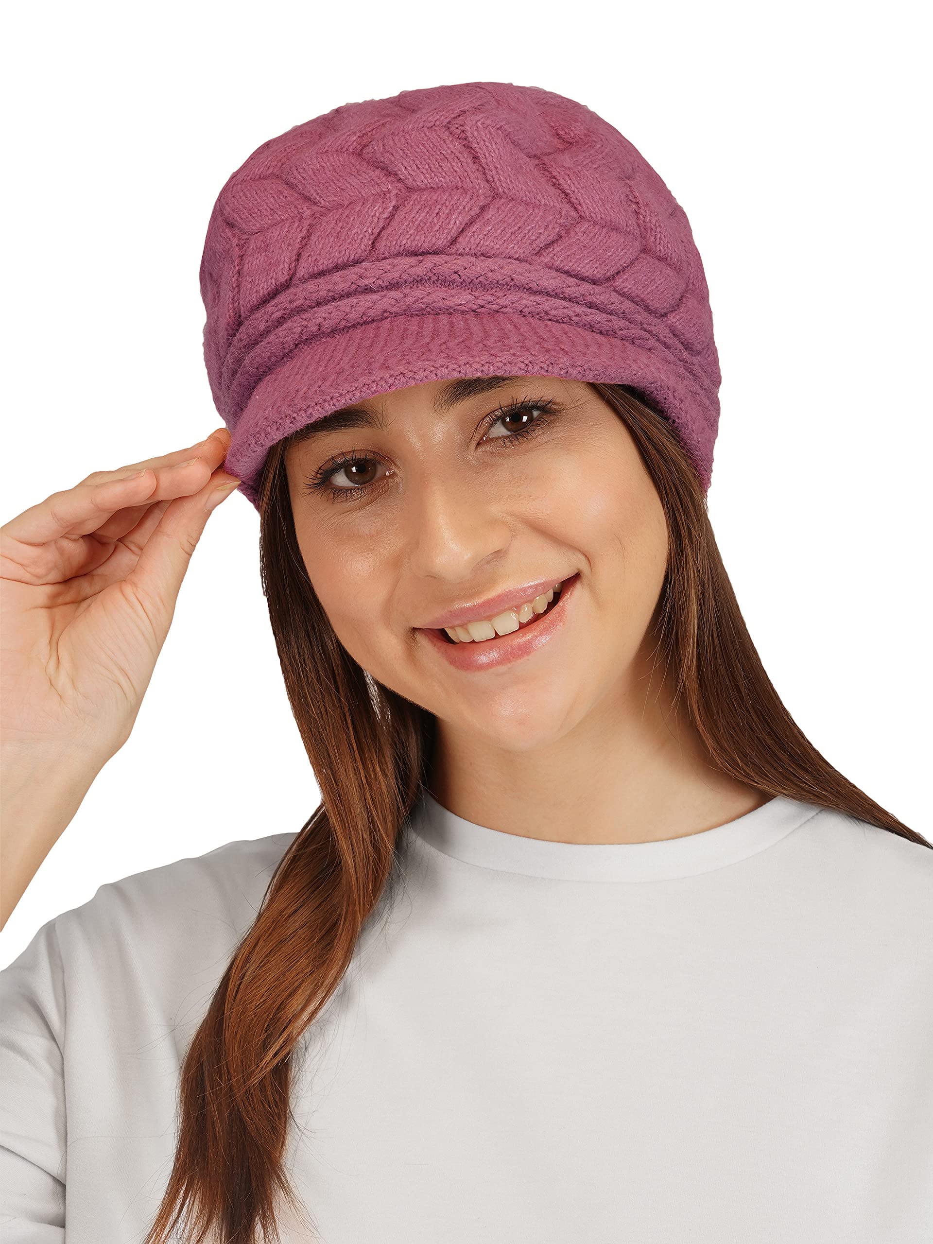 isweven Women's Winter Beanie Visor Cap, Stretchable Warm Fleece Skull Cap for Girls Woolen Fur Fashion Visor Hat (4017, Pink)-picture-20