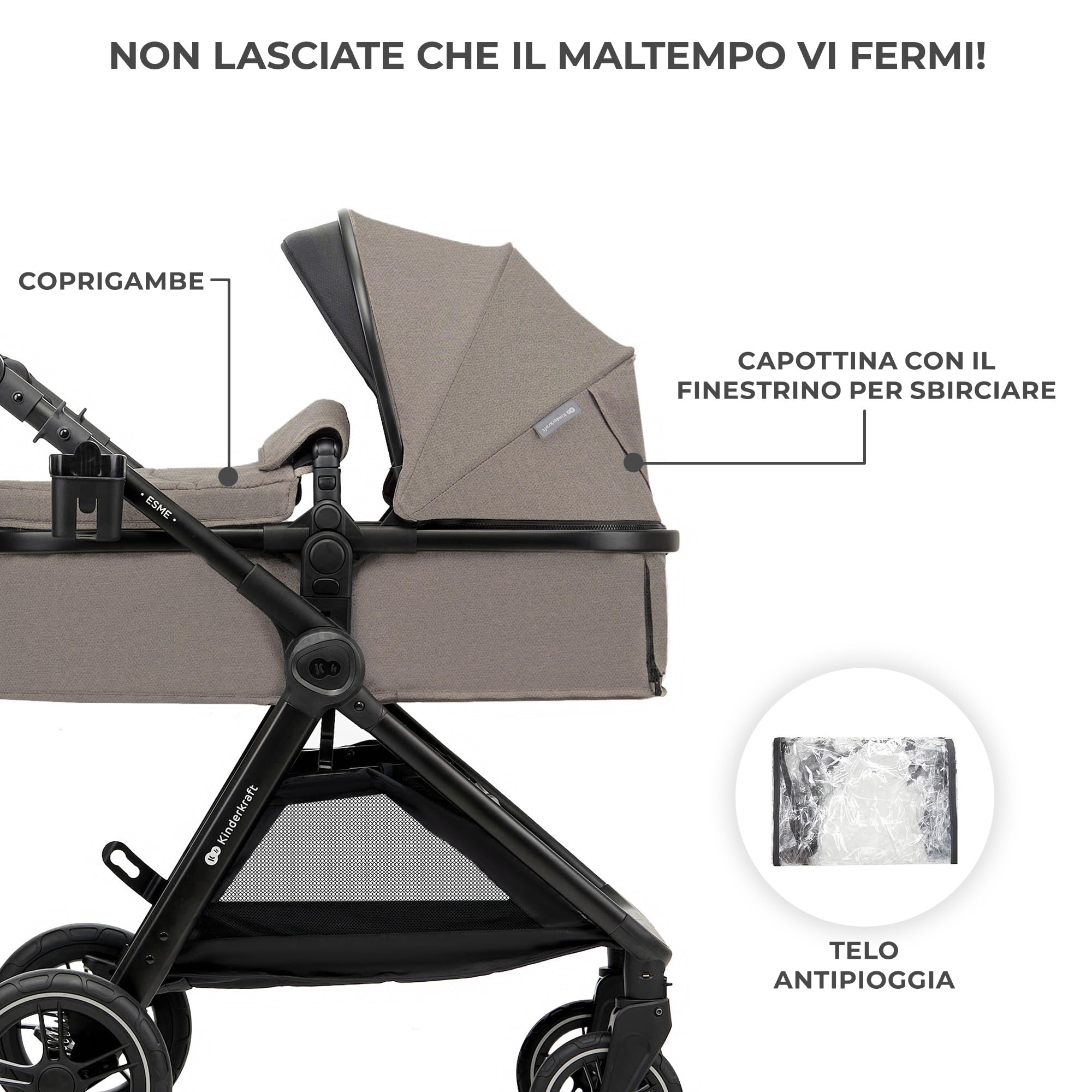 Kinderkraft ESME Trio passeggino neonati 3 in 1 fino 26 kg, Ovetto I-SIZE 40-75 cm, Carrozzina reversibile, Pieghevole, Beige
