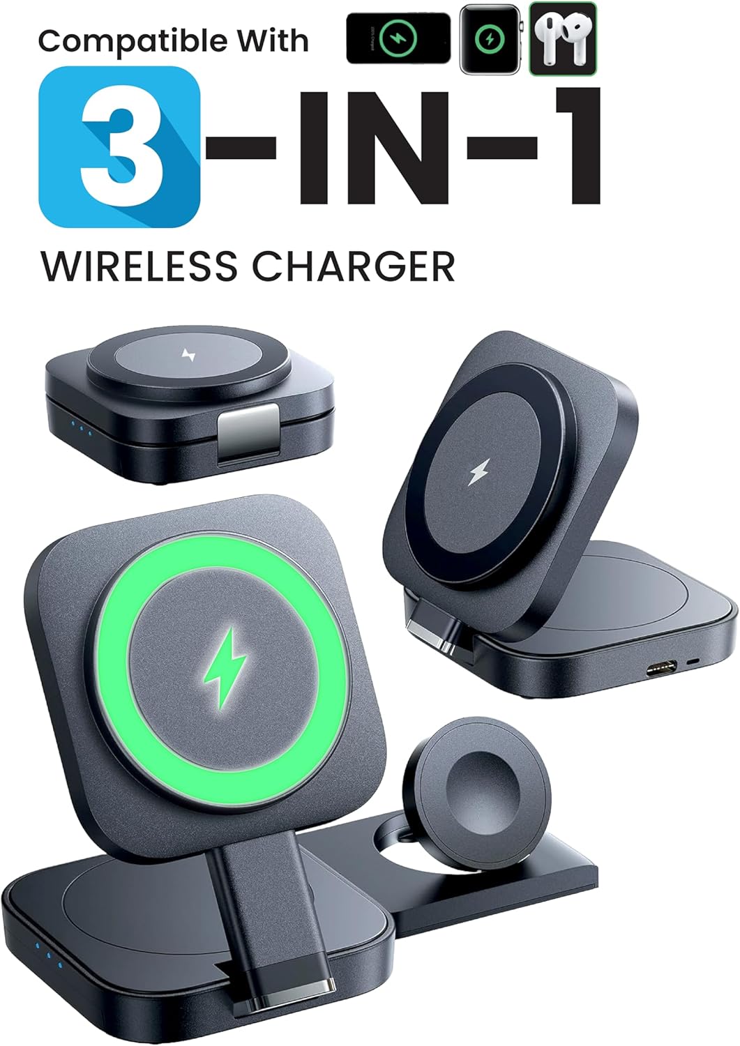 Trendwave 3 in 1 Charging Station for Apple Magsafe Charger Travel Accessories, Wireless Charger 3 in 1 for for Airpods iWatch iPhone 12-17 Pro Max Black