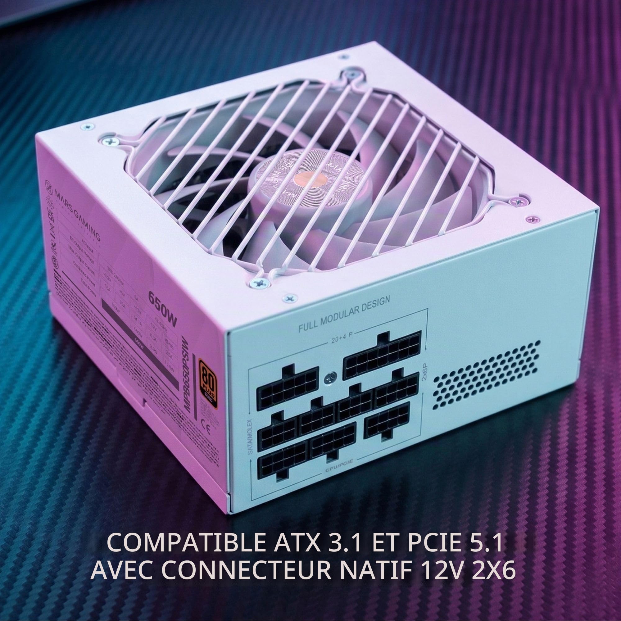 Mars Gaming MPB650PSI, Alimentation PC Full Modulaire 650W, Garantie 10 Ans, 80Plus Gold 90%, Ventilateur SI Extreme Silence, Technologies AI2-RPM, DC-DC et SMD, ATX 3.1 et PCIe 5.1, Blanc