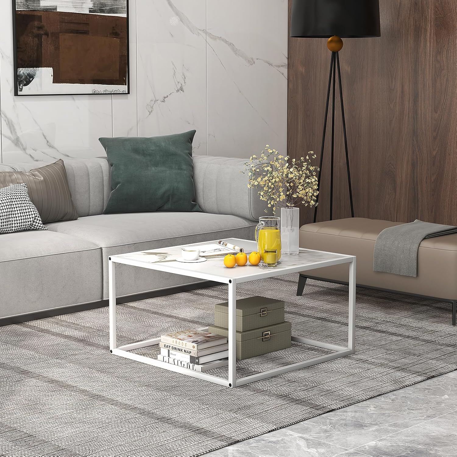 Giantex Square Coffee Table with Faux Marble Tabletop & Steel Frame, Center Cocktail Table, Accent Living Room Furniture, Low Bedside Table, Easy Assembly (White)
