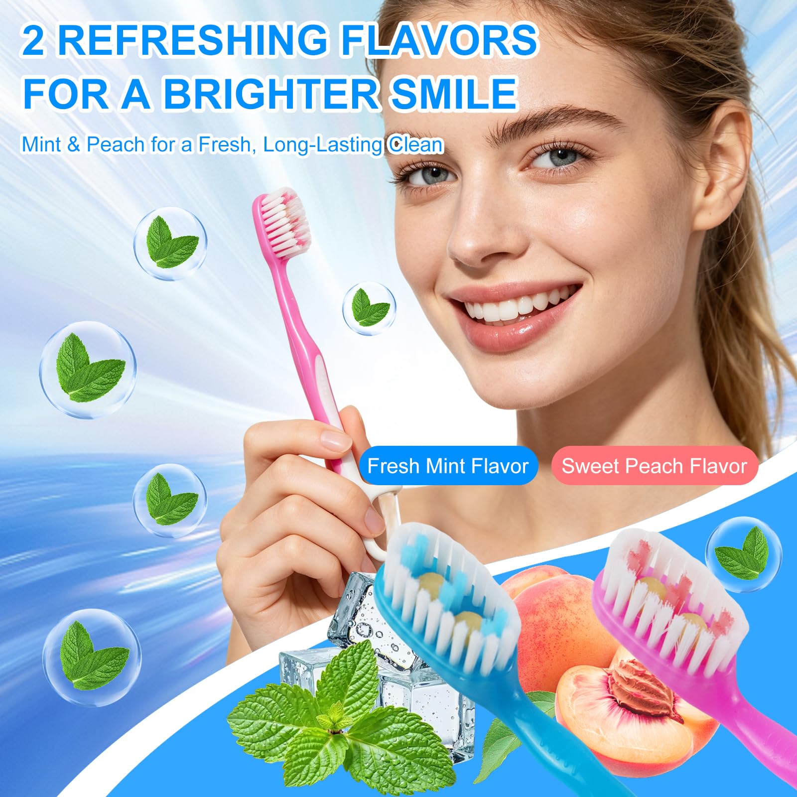 24 Cepillos de Dientes Desechables 5 en 1 con Pasta – Cepillo Dientes Viaje con Hilo Dental, Limpiador Lingual y Palillo, Mini Cepillo de Dientes con Pasta, Portátiles Sin Agua Menta y Melocotón