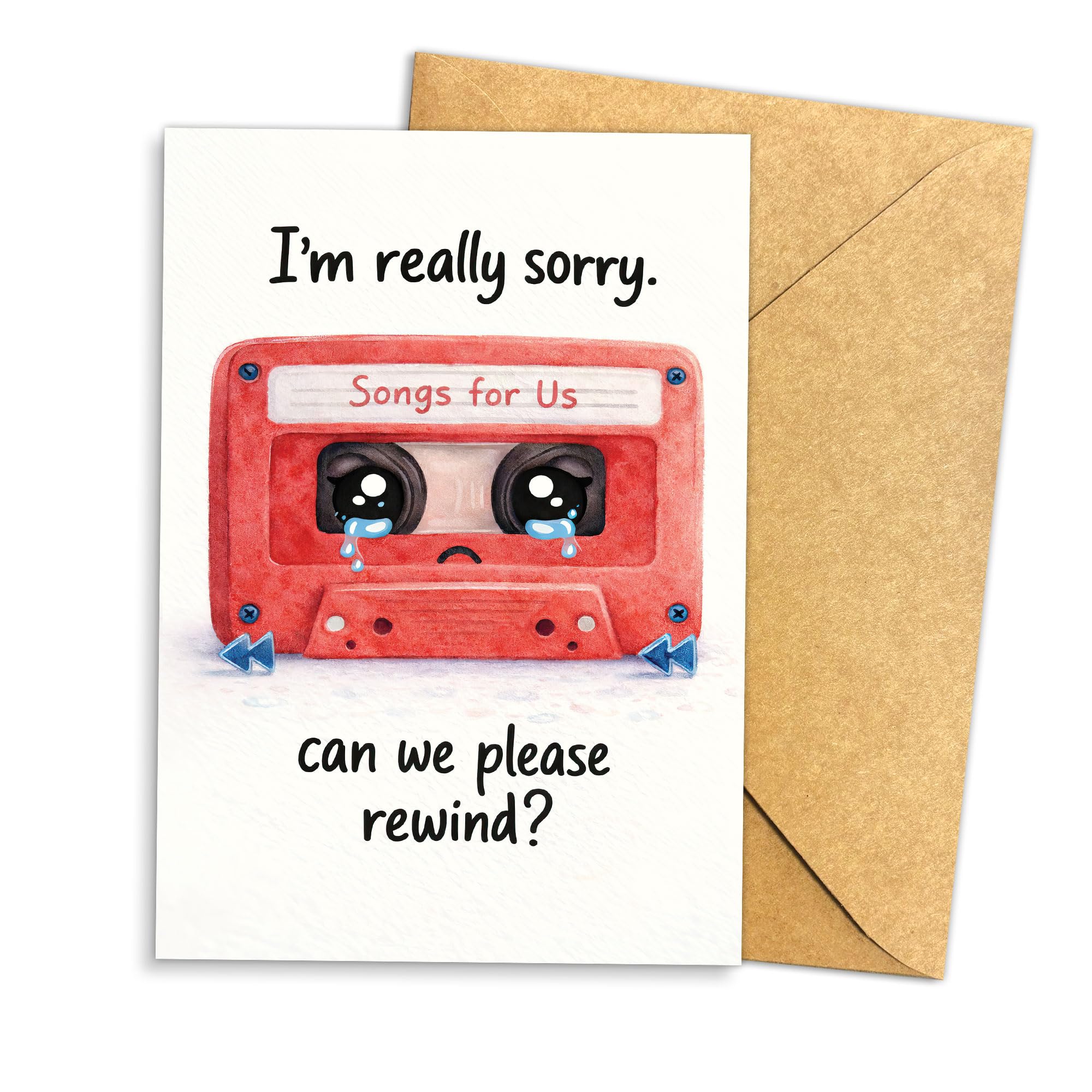 (5.3x8in I’m Really Sorry Apology Card, Can We Please Rewind Cassette Tape Sorry Card, Cute Retro Apology Greeting Card for Partner Friend, Folded Card with Envelope