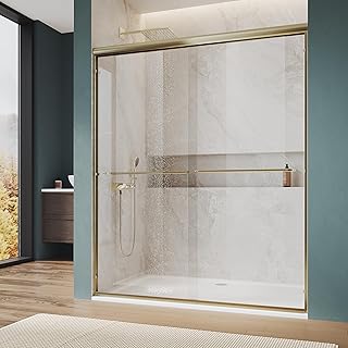 ELEGANT Shower Door 60" W x 72" H, Double Sliding Shower Door with 2 Handles, 1/4'' Tempered Glass, Semi-Frameless Sliding Shower Glass Door, Brushed Gold