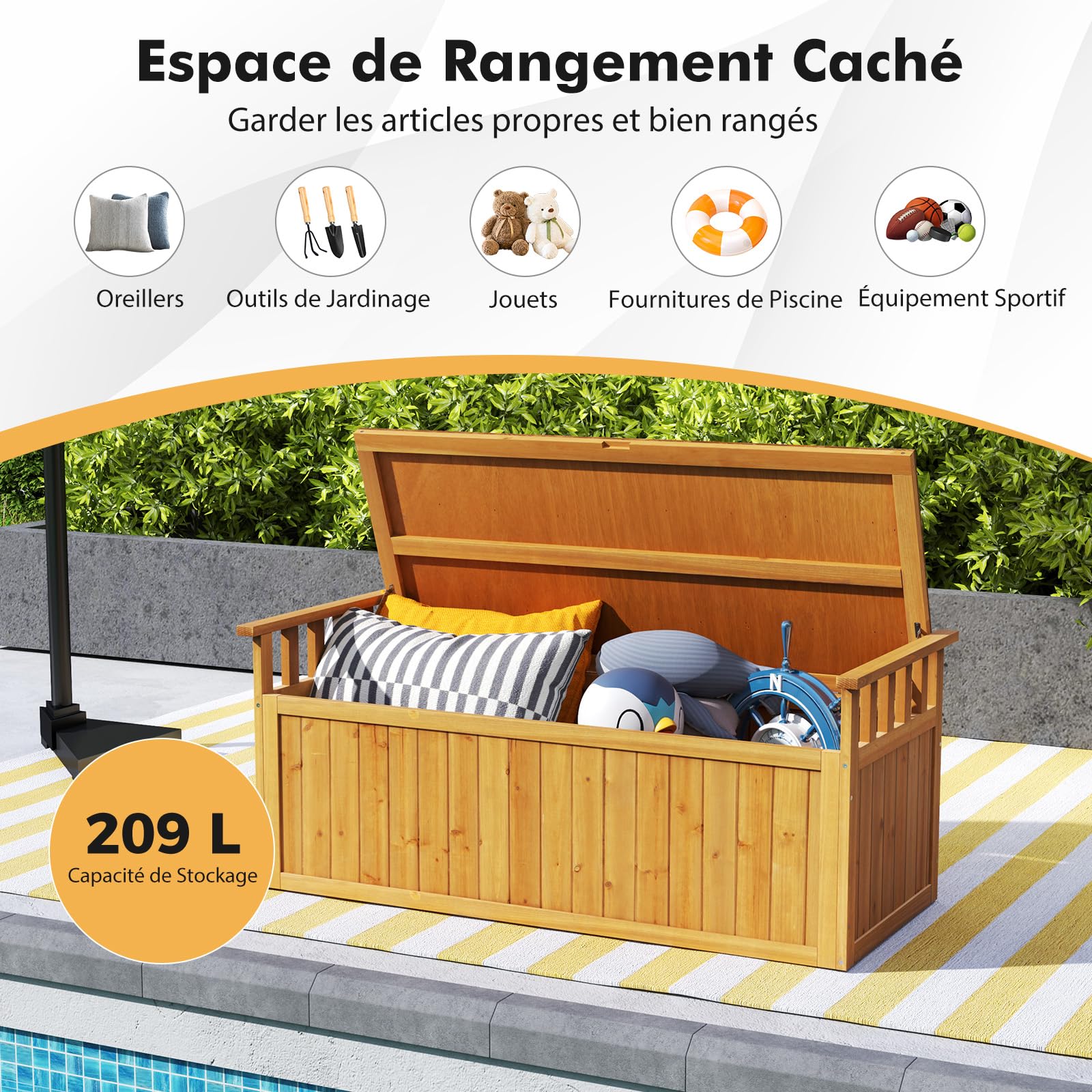 COSTWAY Banc de Rangement d'Extérieur en Bois, Banc d'Extérieur à 2 Places de 209 L avec Accoudoirs, Coffre de Stockage en Bois pour Outils de Jardin, Charge 100KG, pour Jardin Balcon (Naturel)