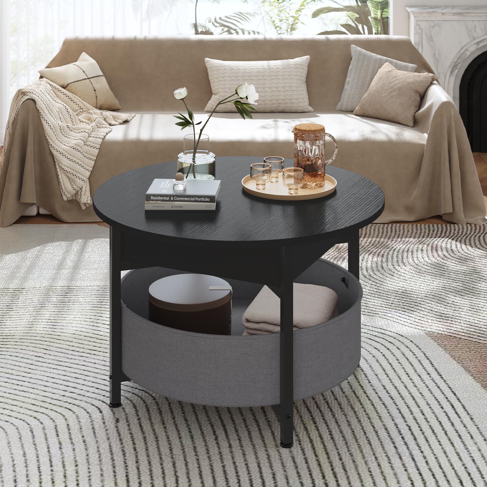 Runder Couchtisch 60 Cm – Höhenverstellbar (43,4–58,2 Cm) Mit Hebemechanismus & Verstecktem Stauraum, Modernes Holzdesign