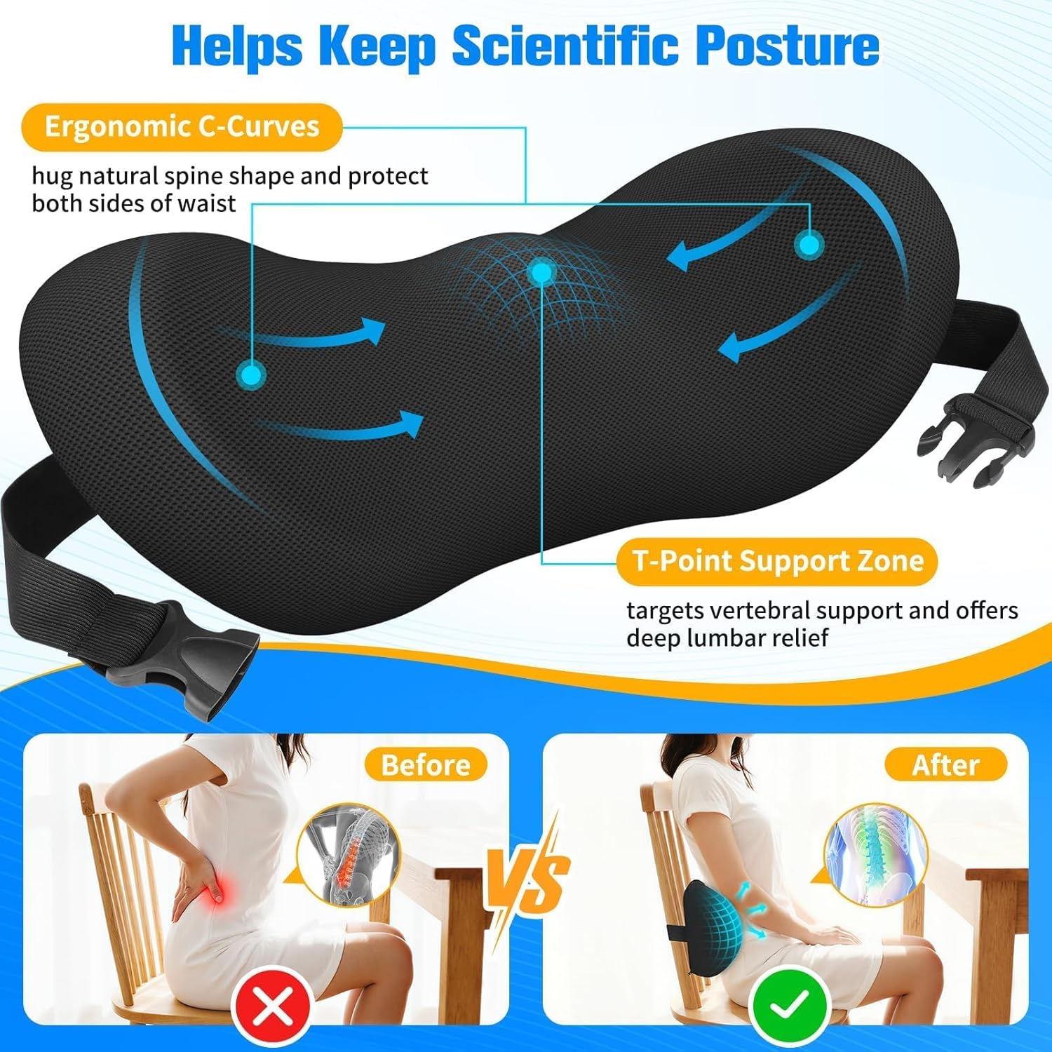 SweetSlubr Lumbar Support Pillow for Office Chair - Memory Foam Lumbar Pillow with Detachable Strap & Breathable Cover, Ergonomic Back Support for Office Chair, Car, Bed Rest (Black)