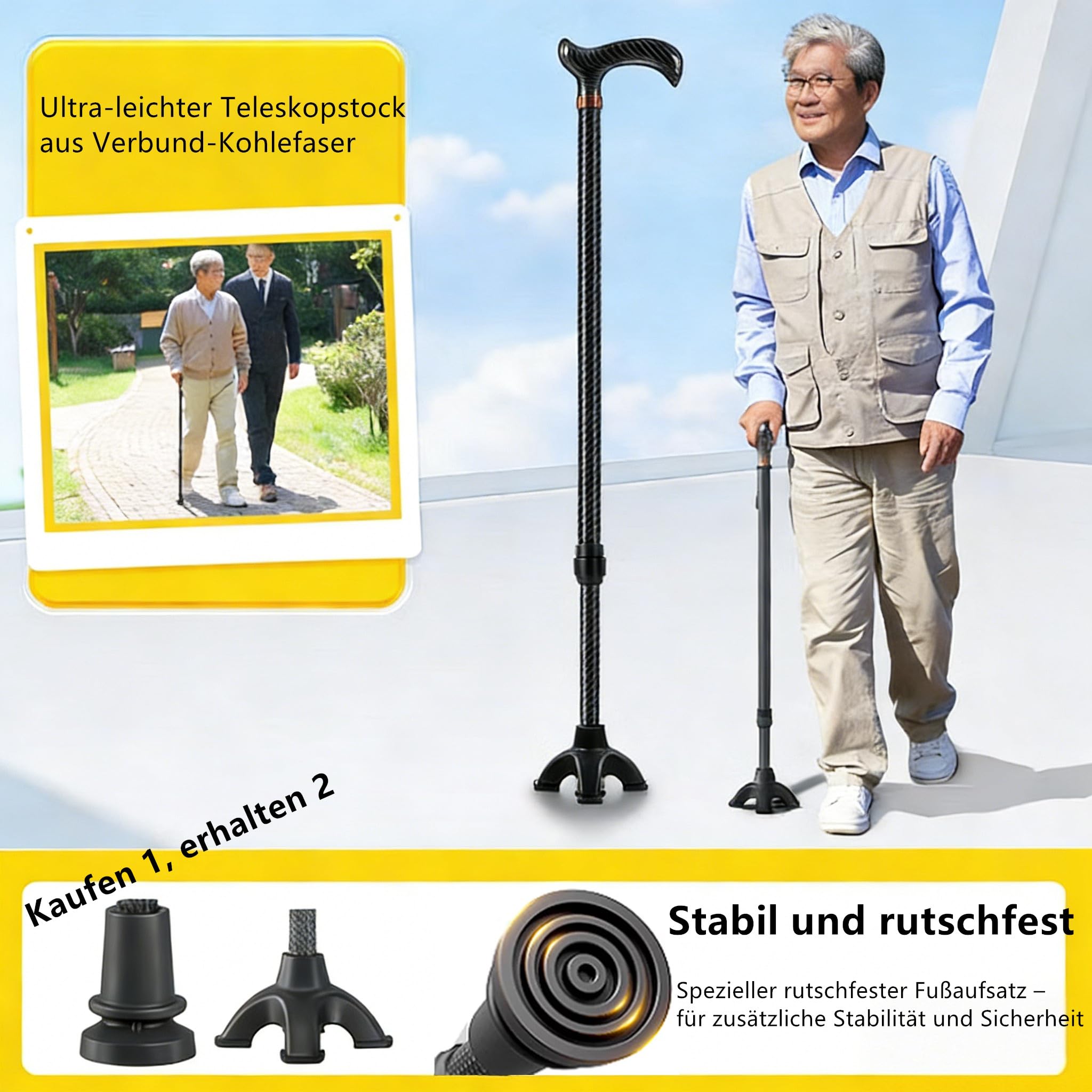 Gehstock für ältere Menschen,Ultra-Leichter Spazierstock aus Kohlefaser, höhenverstellbar 100kg Tragfähigkeit, Stoßdämpfender Spazierstock für Senioren & Erwachsene