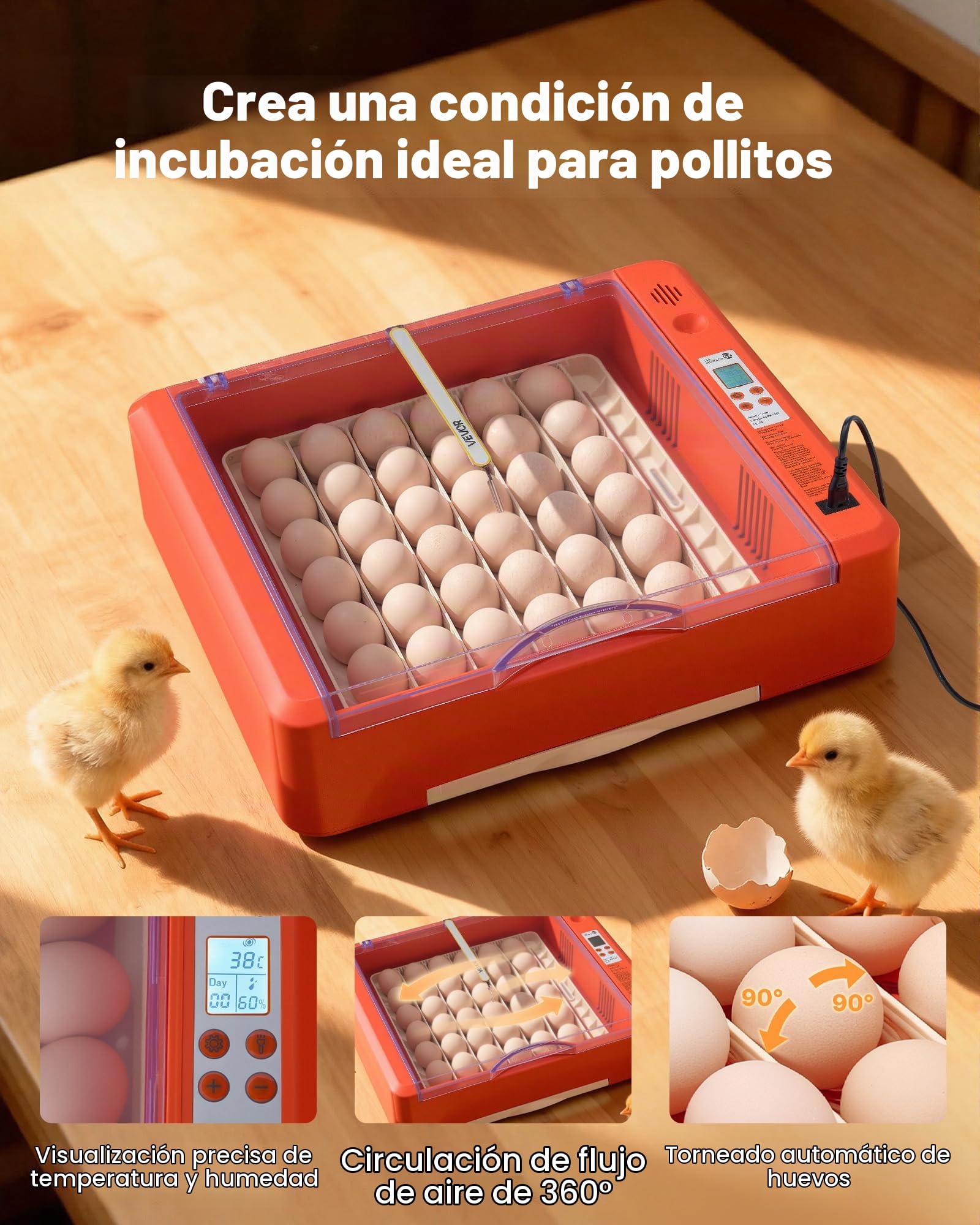 VEVOR Incubadora Huevos, Volteadora Automática con Indicador LED, Pantalla de Temperatura y Control de Humedad, Ventana Transparente con Vista 360°, para Pollitos, Patos (36 Huevos)