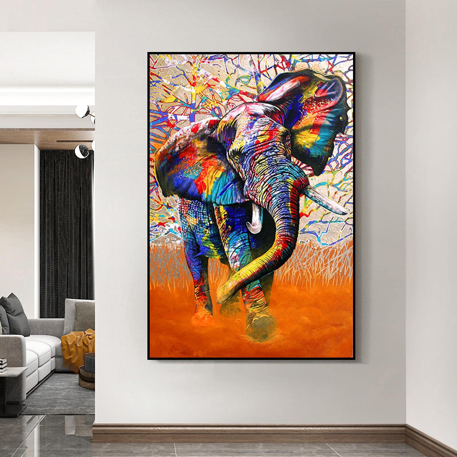 Yishui Art Painting on Canvas Colorful Elephant Abstract Street Graffiti Art Posters And Prints Wall Pictures Living Room Home Decor 70x100cm(28x39in) Frameless