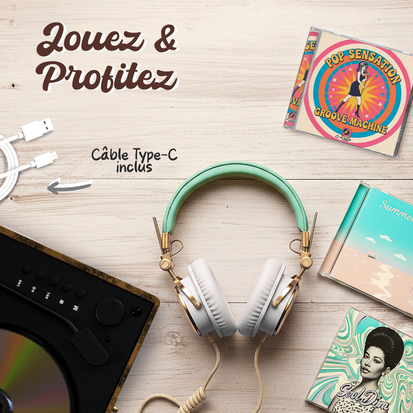 Lecteur CD Retro Vintage - AUX USB - Enceintes et Bluetooth - Rechargeable