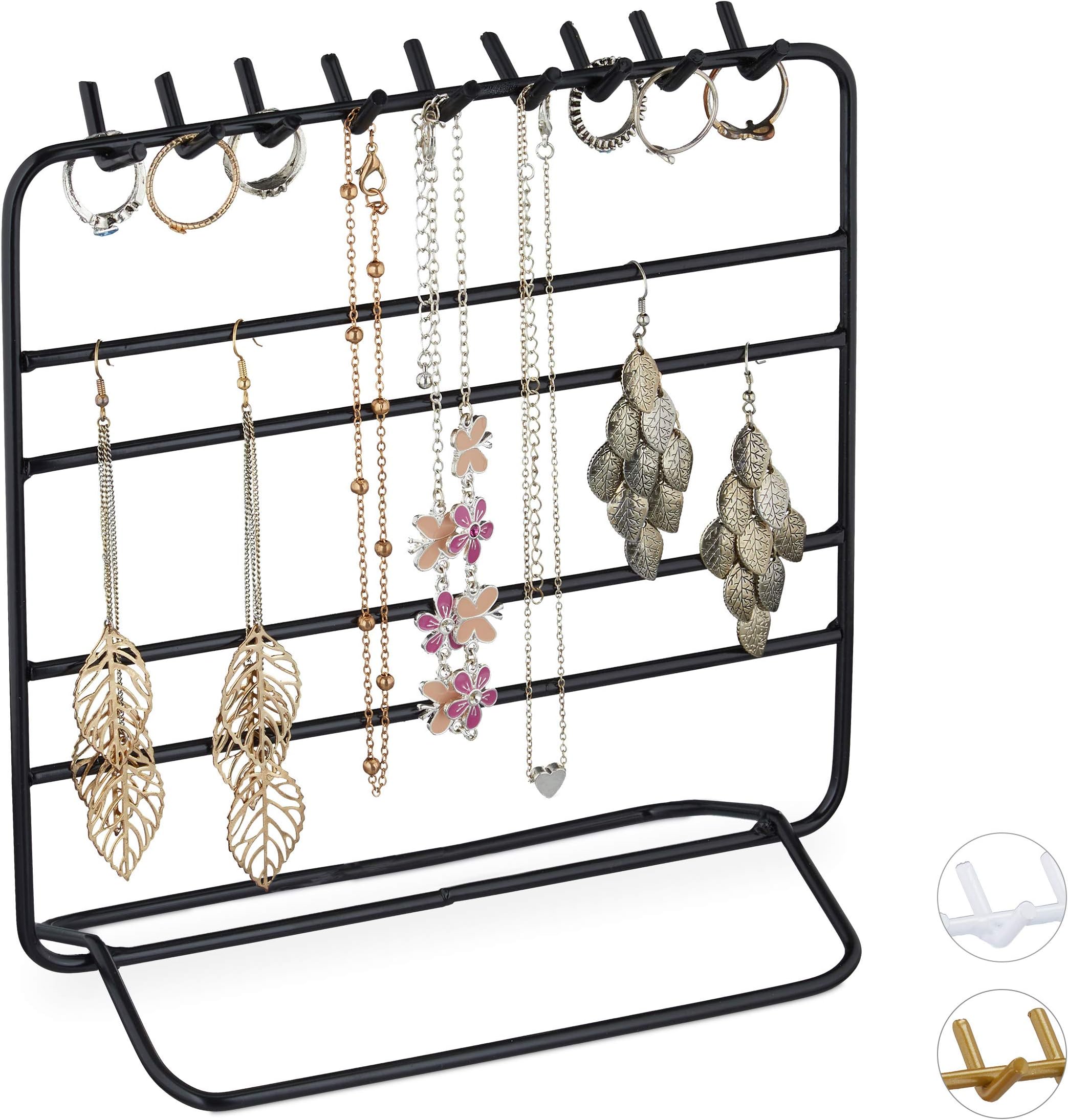 RelaxdaysRelaxdays Jewellery Stand, Necklaces, Earrings, Bracelets, Iron, H x W x D 21 x 20 x 10 cm, Black