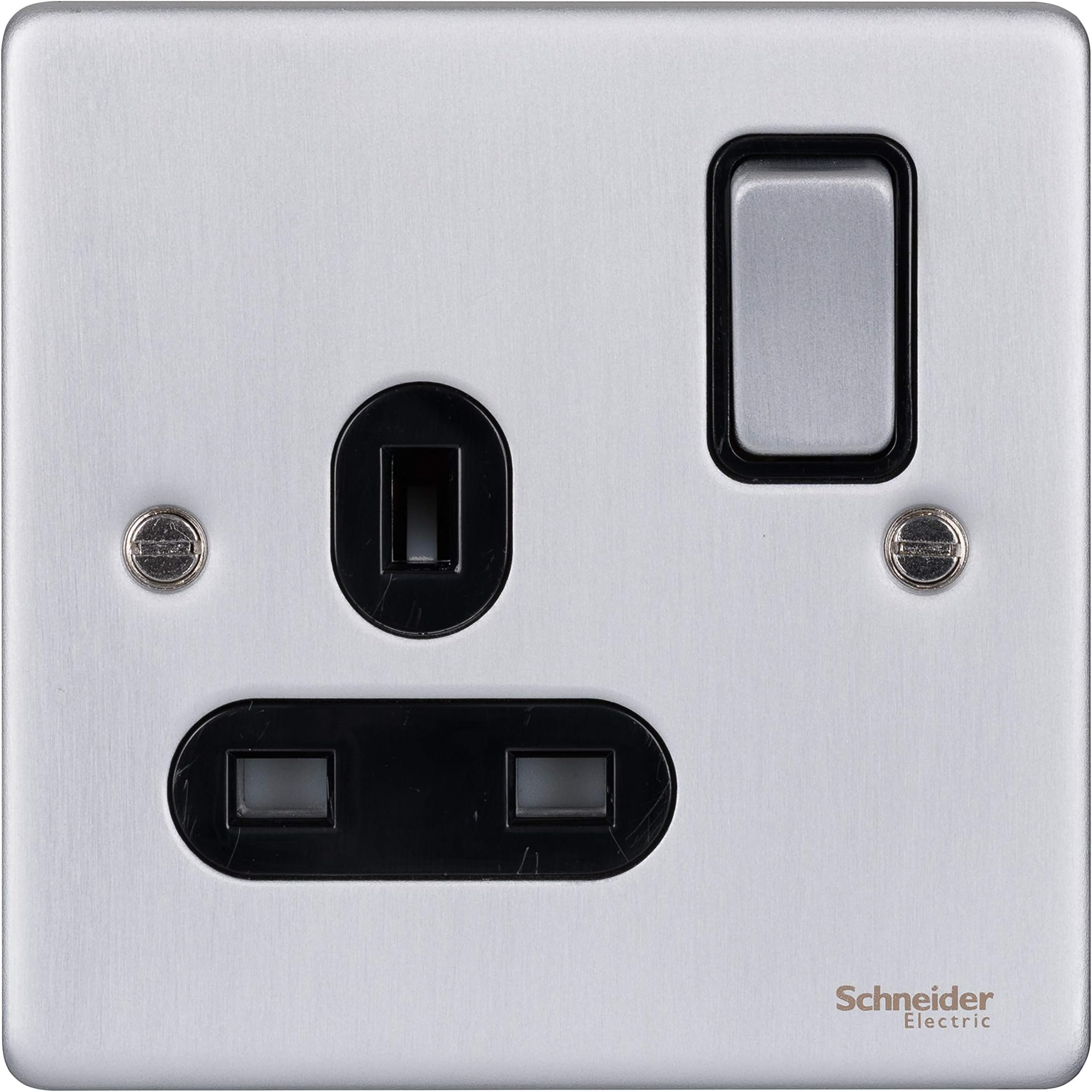 Schneider Electric GU3510BBC Ultimate Low Profile Brushed Chrome Black Insert 1 Gang 13A Switched Socket