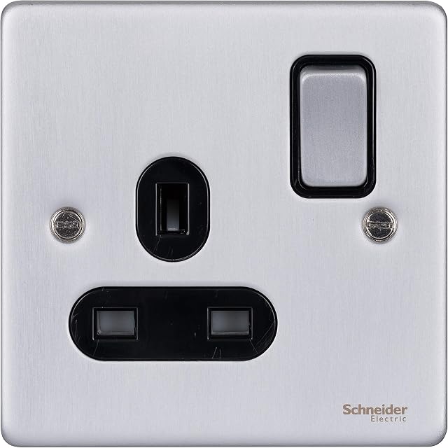 Schneider Electric Ultimate Low Profile - Single Switched Power Socket, 13A, GU3510BBC, Brushed Chrome with Black Insert
