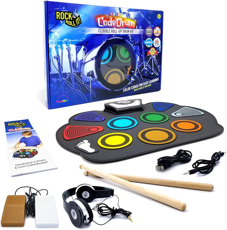 Rock and roll - CodeDrum. Batería portátil enrollable para niños y adultos. Almohadilla de batería electrónica de silicona arcoíris | Auriculares | Pedales | Baquetas | Folleto de ritmo de reproducción por color incluido.
