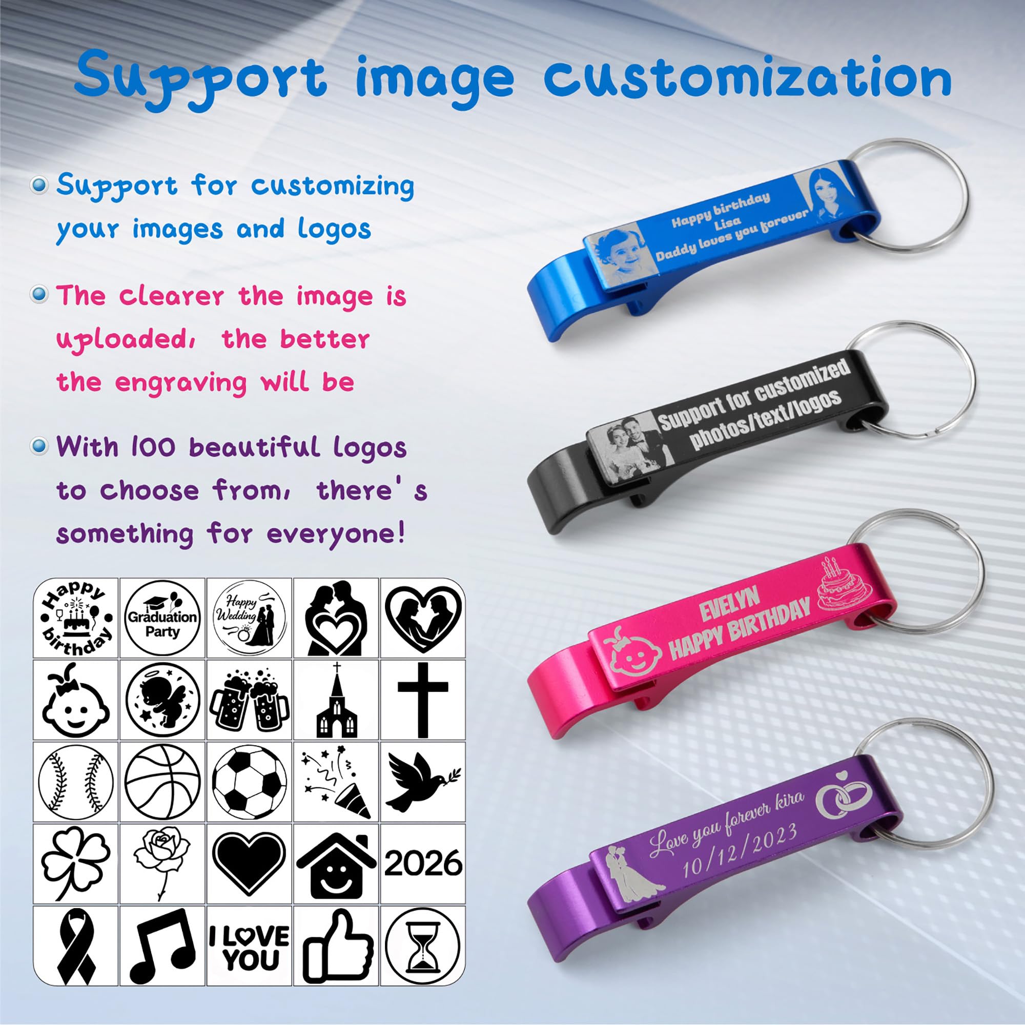 100pcs Personalized Bottle Opener -Customize Bottle Opener Keychain, Engrave Any Photo/Text/Logo Suitable for Birthday Parties, Wedding Gifts, Graduations, Anniversaries, Breweries, Bars. (100pcs)