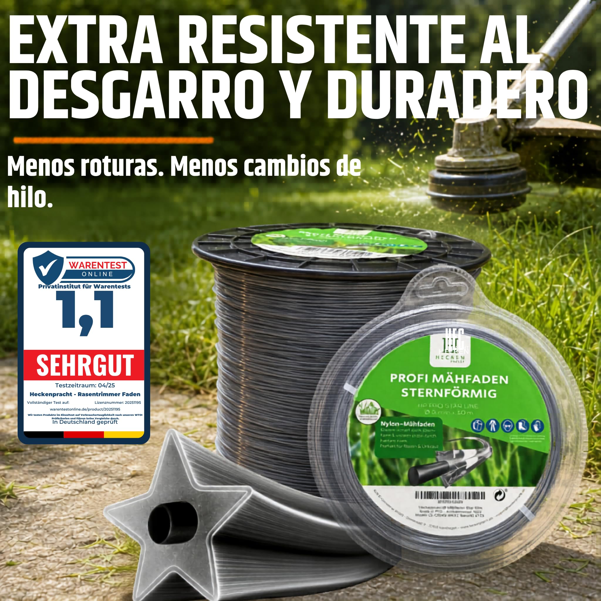 Heckenpracht® Hilo desbrozadora con núcleo reforzado 3mm ⌀ x 100m | perfil estrella extra afilado | hilo para desbrozadora | hilo para cortabordes | hilo nylon