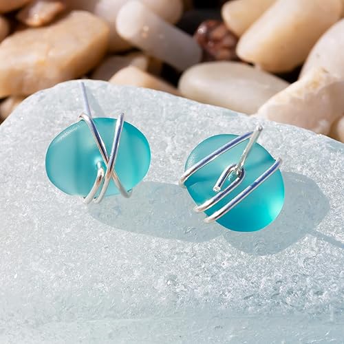 Miniatura 15 de Sea Glass Earrings S990 Sterling Silver Hypoallergenic Handmade Stud Post Earrings Beach Glass Fashion Statement Handcraft Jewelry for Women Girls