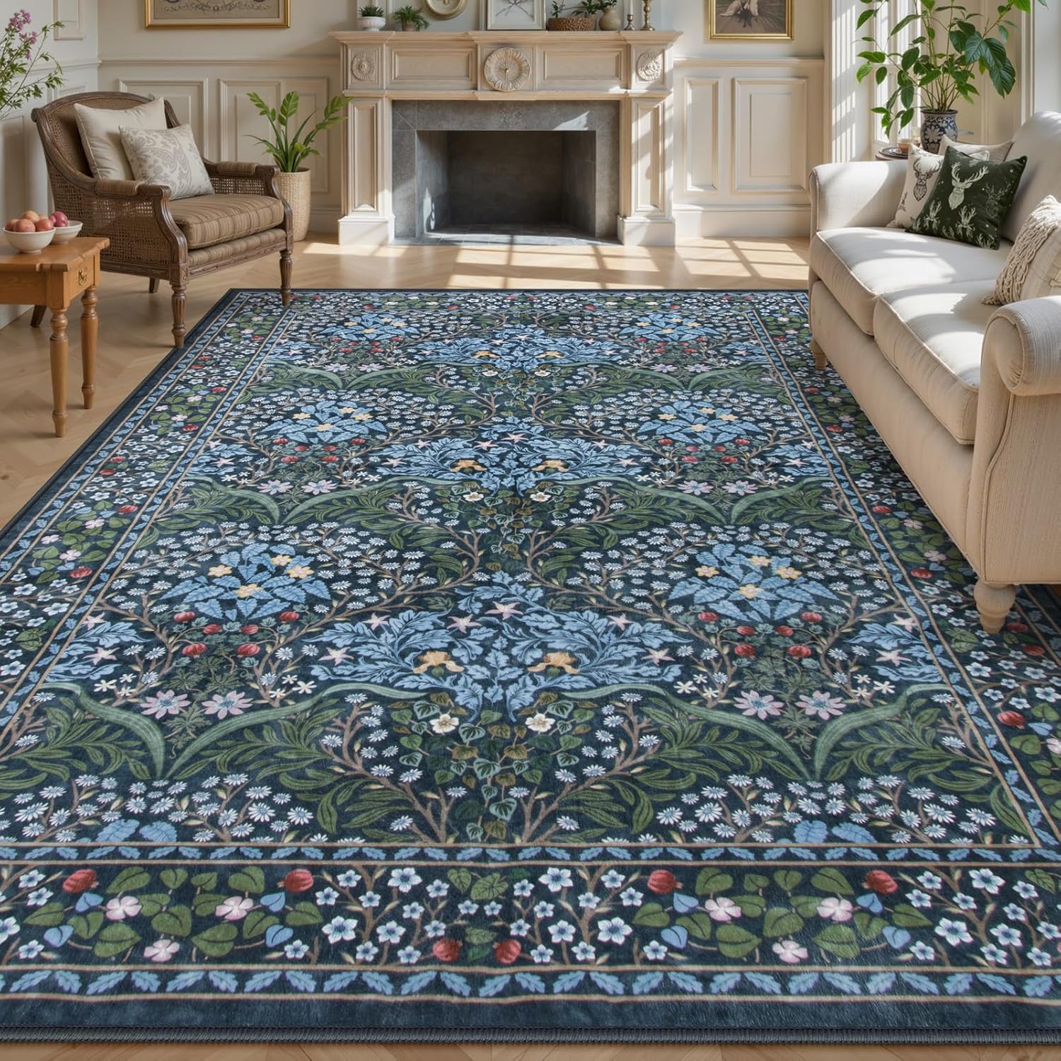 Lahome Floral Washable Rugs 8x10, Soft 8x10 Area Rugs for Living Room Bedroom, Boho Non-Slip Blue Forest Design Large Throw Carpet for Farmhouse Dining Room Office, Blue Blue 8'x10'