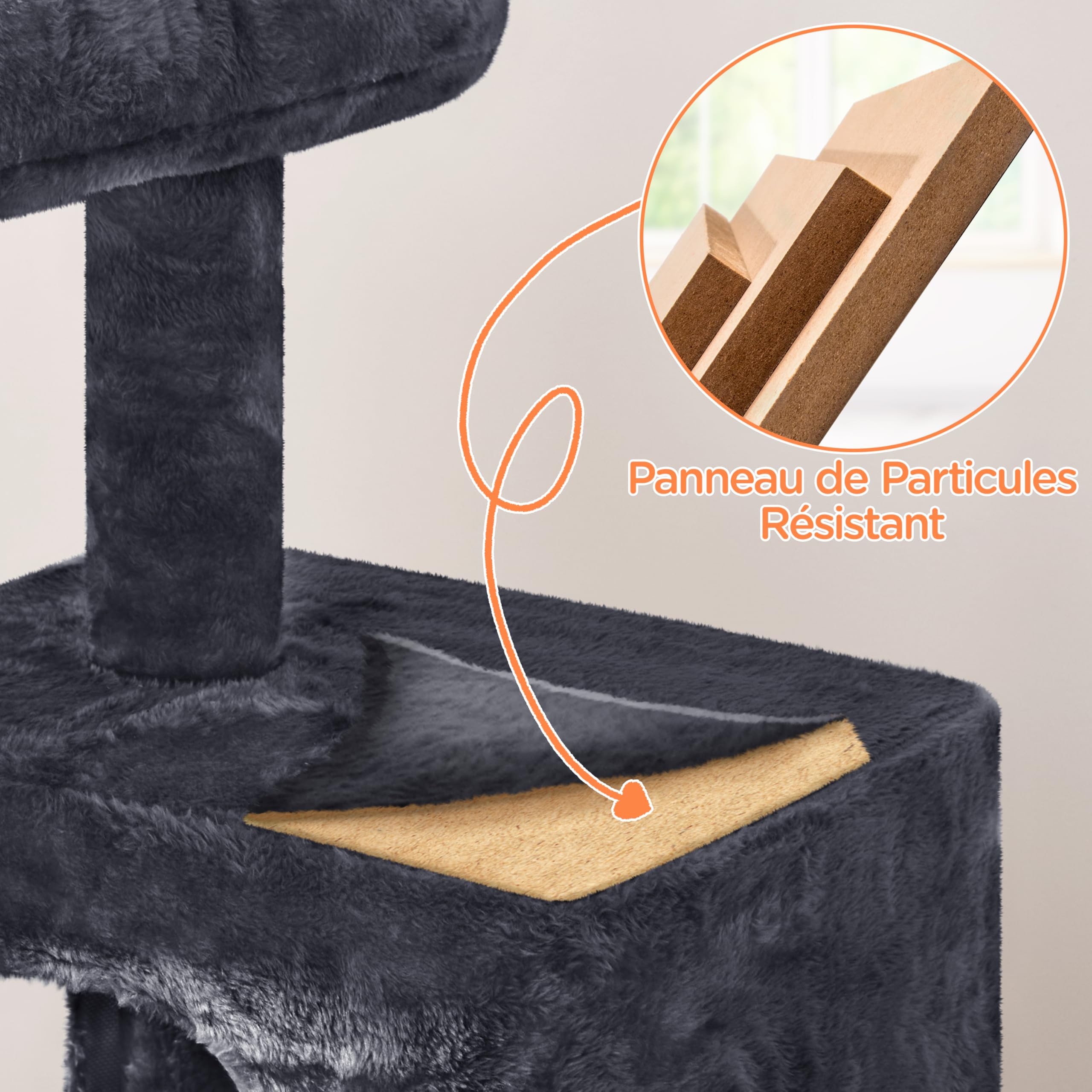 Yaheetech Arbre à Chat avec Griffoir et Poteaux en Sisal Centre d'activités 2 Niches 1 Boule de Peluche et 1 Platforme 49 x 45,5 x 91 cm Gris Foncé