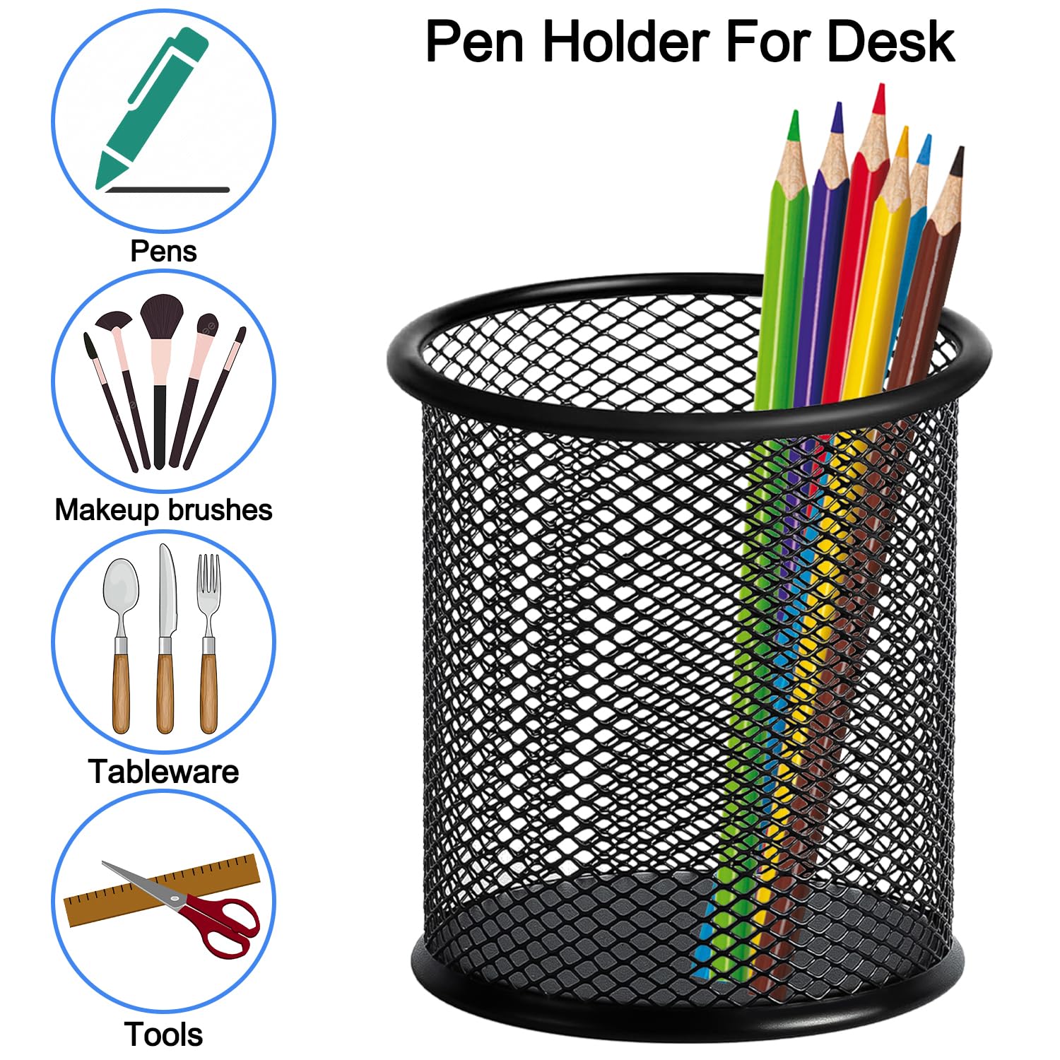 Mgood 2 Pack Pen Holder, Round Metal Mesh Pen Pot, Durable Stationary Organiser, Multifunctional Pencil Pot for School Home - Image 3