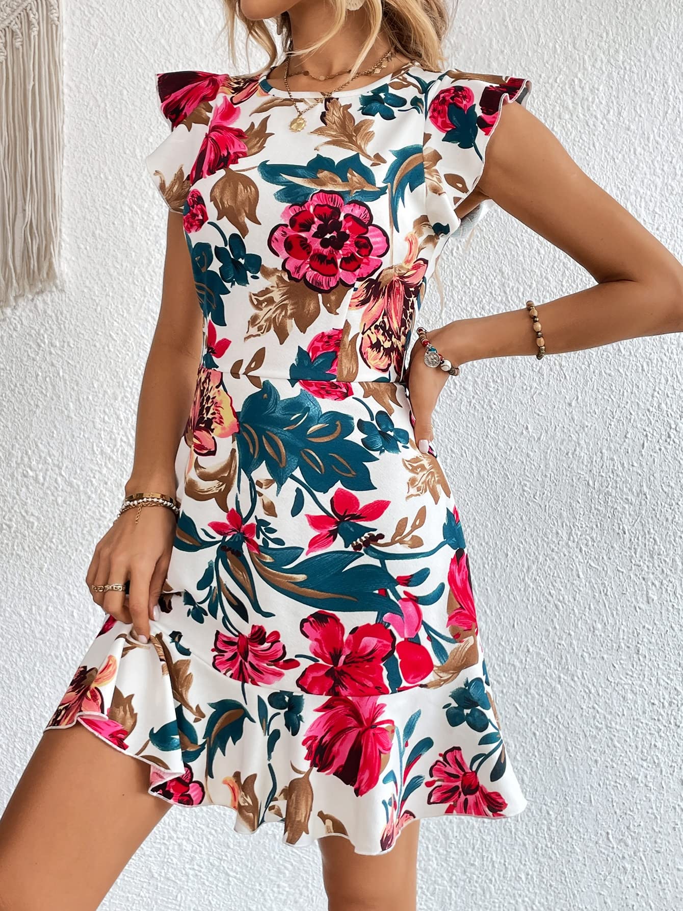 Shasmi Kurzes Sommerkleid im Boho-Stil, einteilig, kurzärmelig, mit Rüschenbesatz, für Damen und Mädchen, elegantes Kleid (Midi 170)