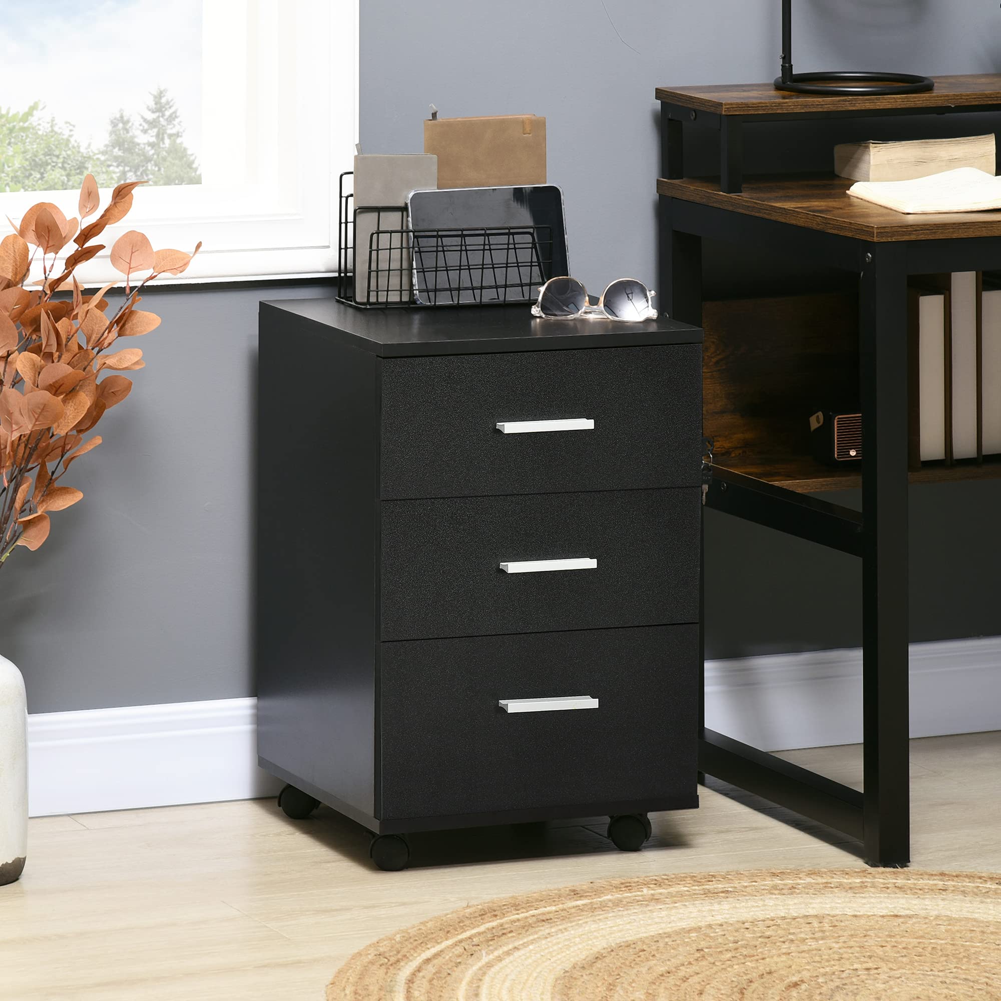 Vinsetto Caisson de Bureau sur roulettes 3 Tiroirs 40 x 40 x 61,5 cm Noir | Rangement Bureau, Tiroirs Verrouillables