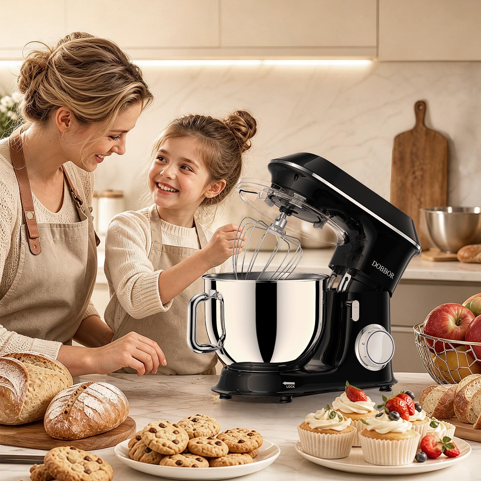 Pâtissier, DOBBOR 1500W Robot Batteur Patisserie avec Fouet, Batteur, Crochet, Bol d'Acier Inoxydable, 7 Vitesses Faible Bruit Patisserie Électrique, Compatible Lave-vaisselle (Noir) (Black)