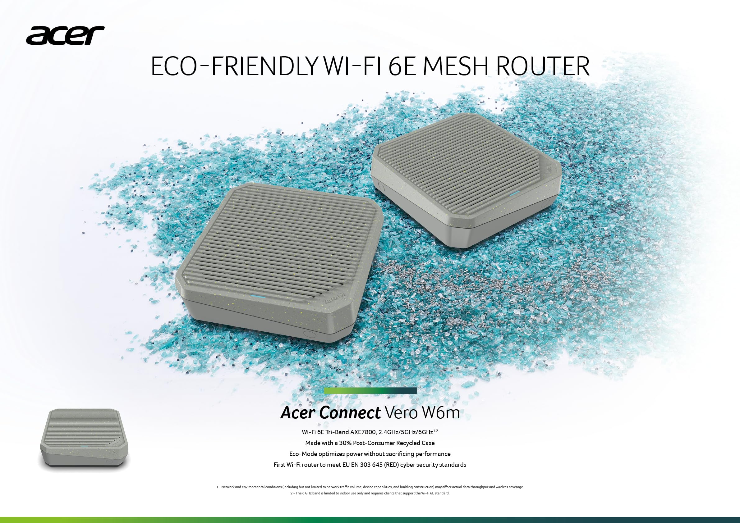 Acer Connect Vero W6m Wi-Fi 6E Mesh Router | Tri Band AXE7800 (2.4GHz/5GHz/6GHz) | Gigabit Speed (Up to 7.8Gbps) | Optimized Connectivity for PC or Console | 30% Post-Consumer Recycled