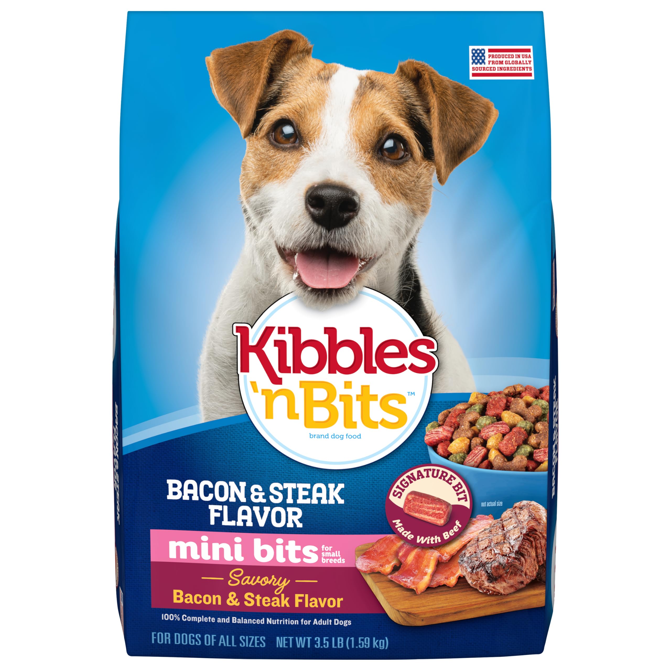 Kibbles ‘n Bits Mini Bits Small Breed Dry Dog Food, Savory Bacon & Steak Flavor for Adult Dogs, 3.5 lb. Bag