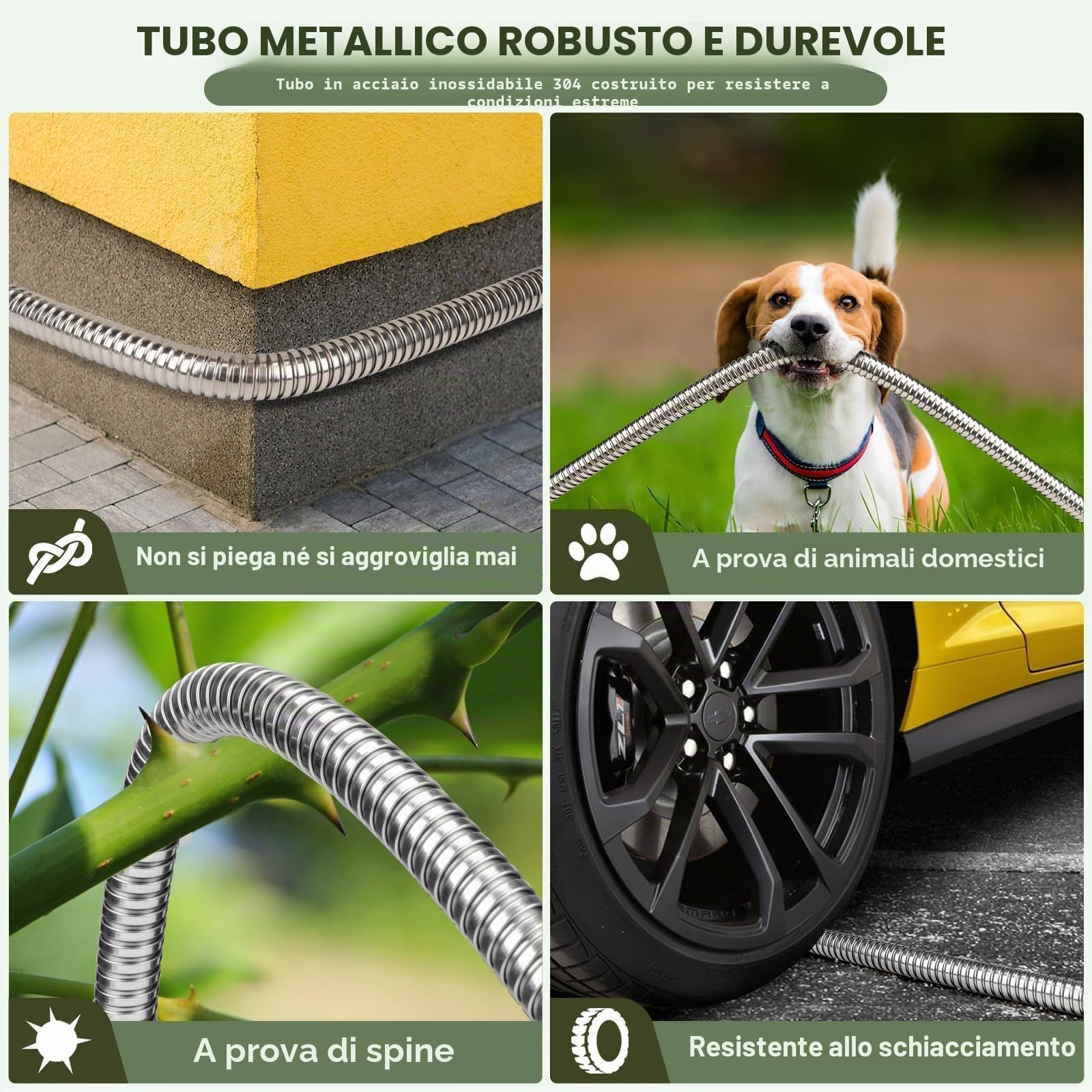 Tubo da giardino in metallo, flessibile da 30,5 m, in acciaio inox, resistente, leggero, con raccordi a connessione rapida, resistente, durevole, senza nodi, con ugello a 10 funzioni, per