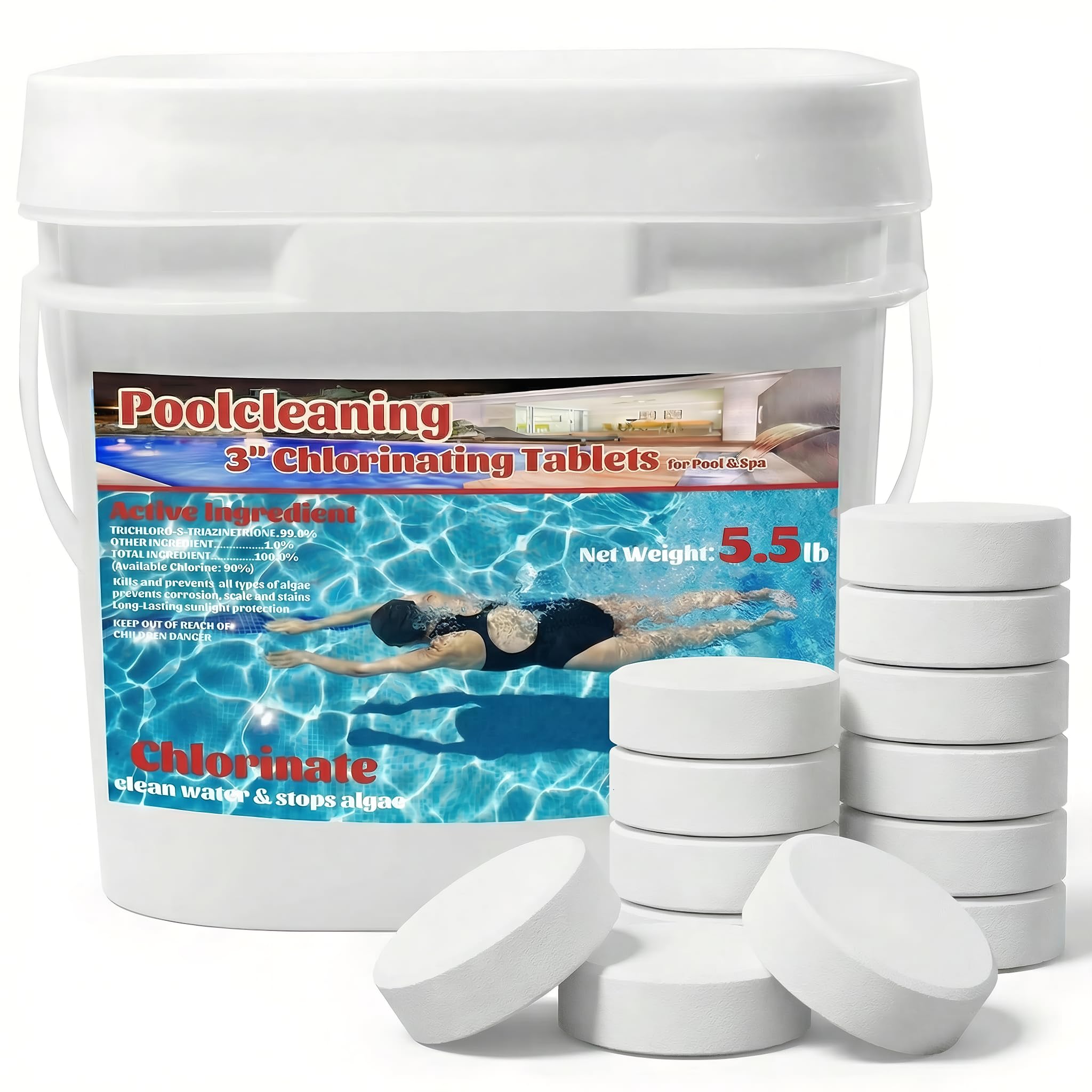 3" Stabilised Chlorine Tablets for Hot Tubs, Swimming Pool & Spa, Slow-Dissolving 4-in-1 (Sanitiser, Stabiliser, Algaecide & Clarifier) - Kill Bacteria & Prevent Algae, 90% Available Chlorine, 5.5 LB