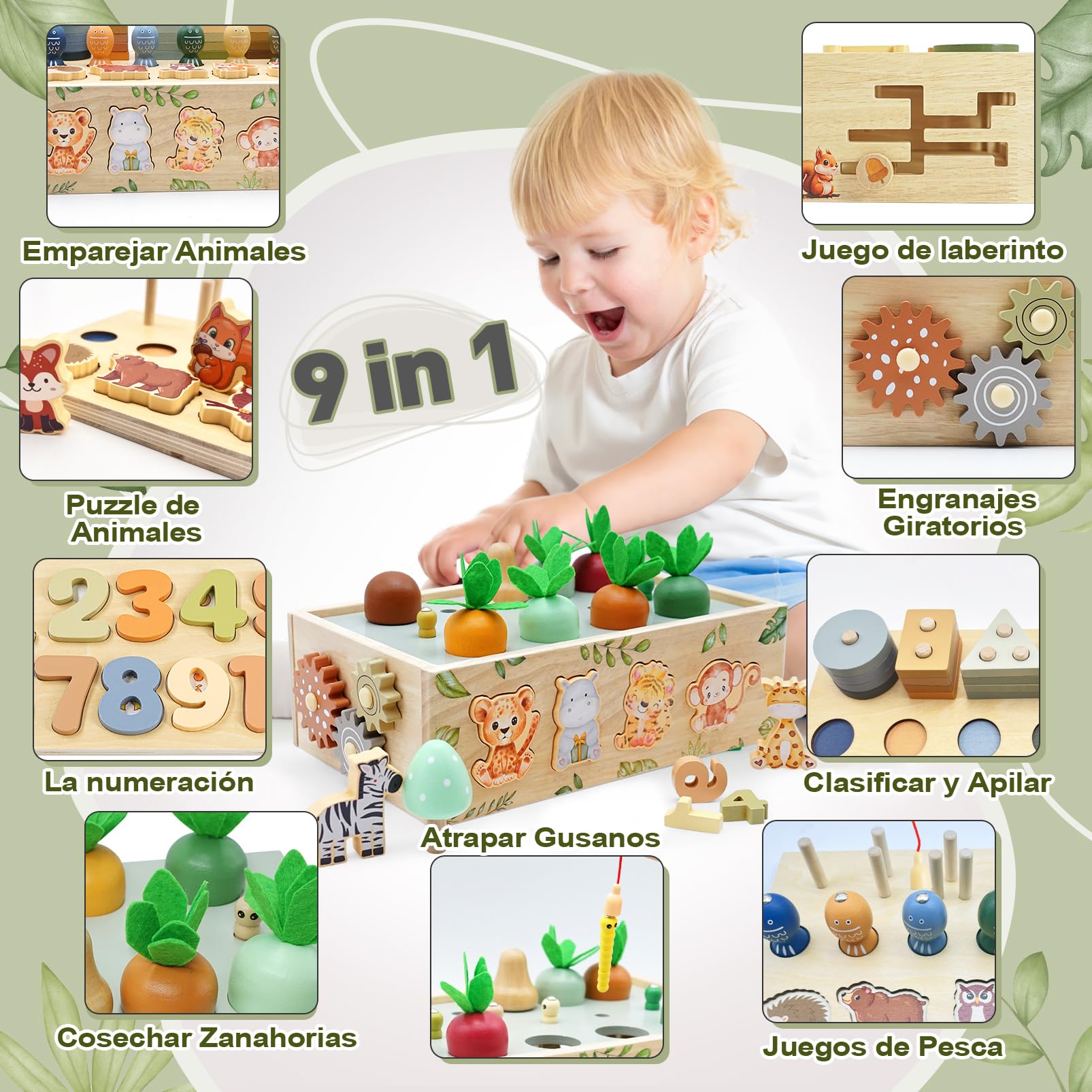 Juguetes Montessori 1 años, Juguete Bebe 1 año Safari Juegos Educativos Niños 1 2 3 Años, 9 EN 1 Juguetes Niños 1 2 3 Años Montessori Madera, Regalos niños 1 2 3 4 Años