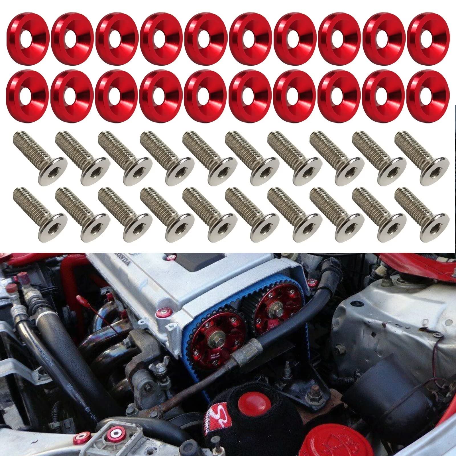 Custom Chrome Rear Fender Fenders 20Pcs M6x15mm Fender Bumper Washer Bolt Engine Bay Screw Kit For Acura Bumper Quick Release: For TSX RSX DC2 DC5 Integra DA MDX RDX(Red Chrome Front Car - Foto 5