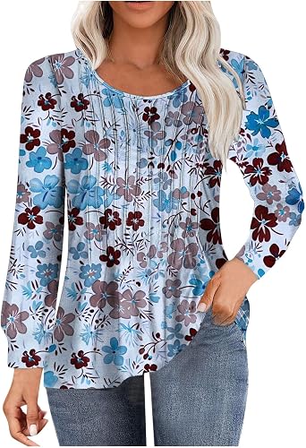 Long Sleeve Tshirts Shirts for Women Fashion Dressy Casual Blouses Trendy Pleated Tunic Tops for Leggings